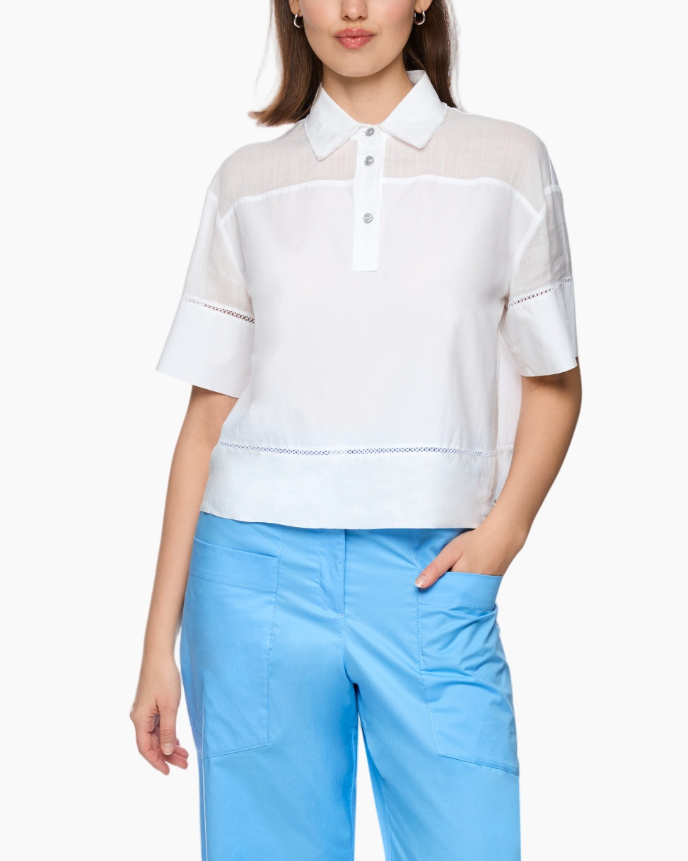 white blouse, linen top, collared shirt, short sleeves, light blue pants