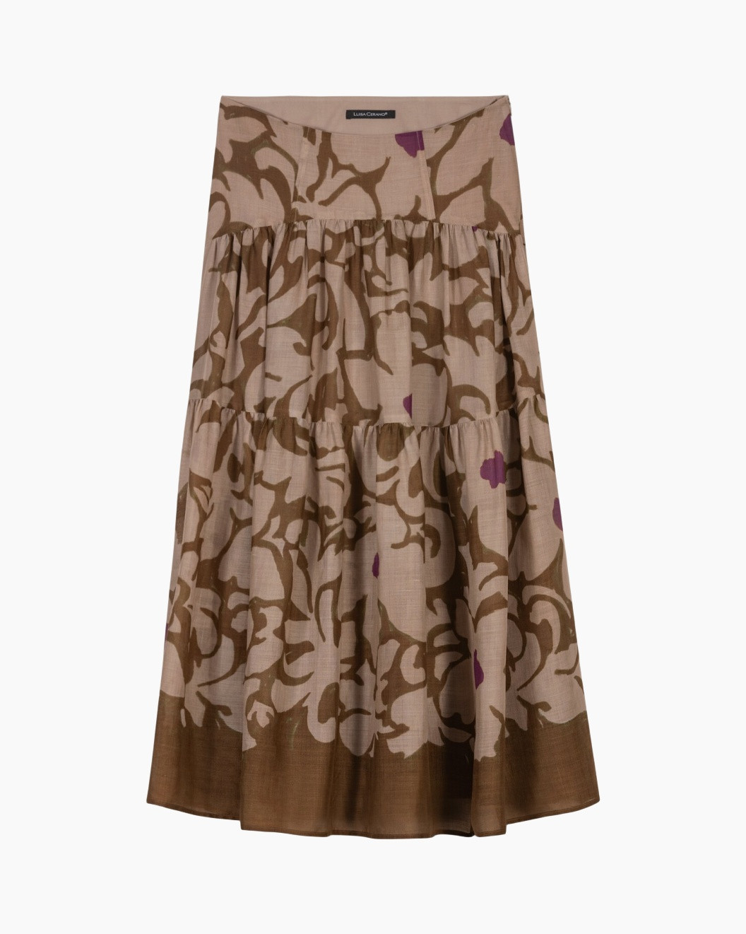 skirt, tiered, mid-length, applique pattern, brown beige
