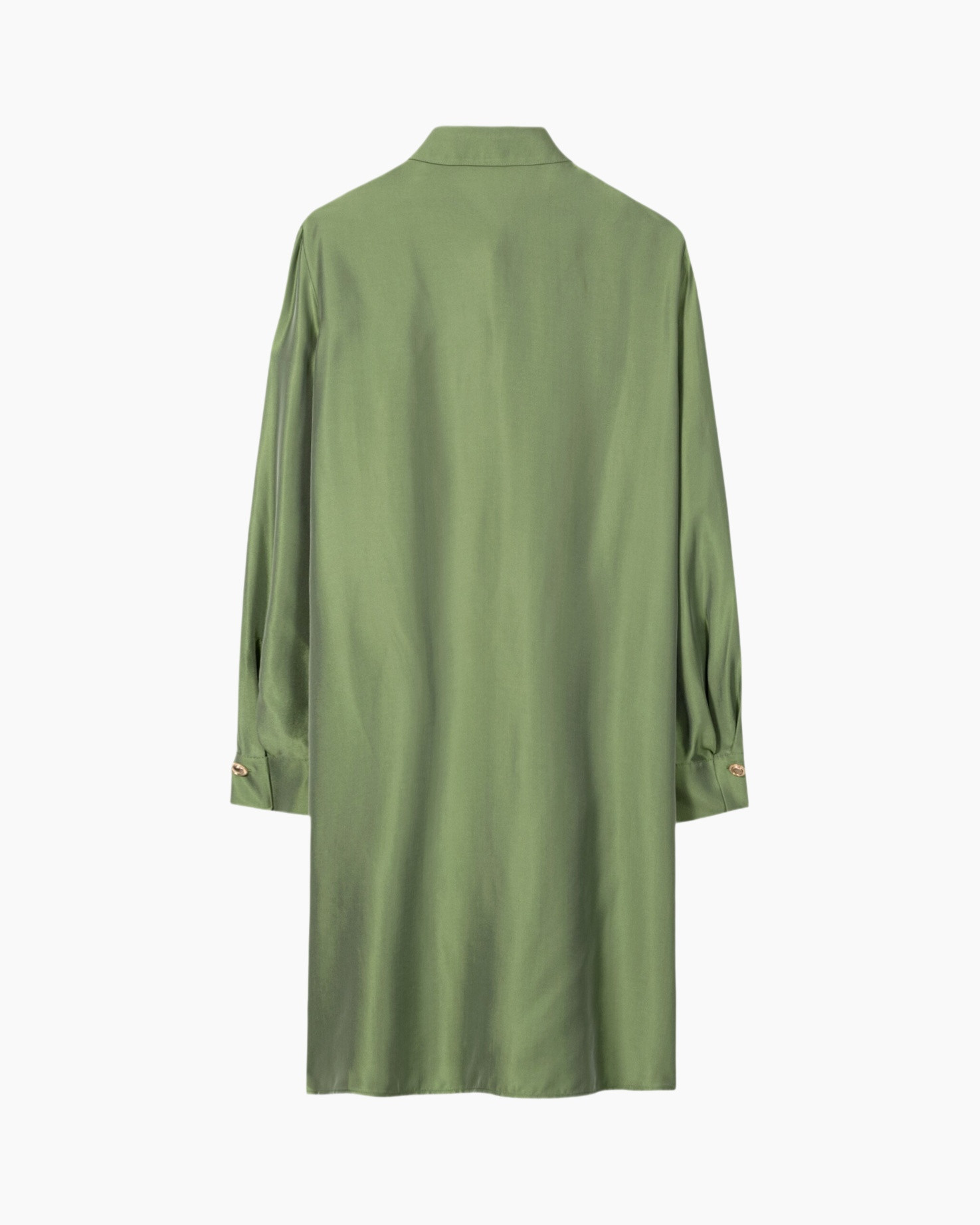 green, silk, long-sleeve, shirt-dress, back-view