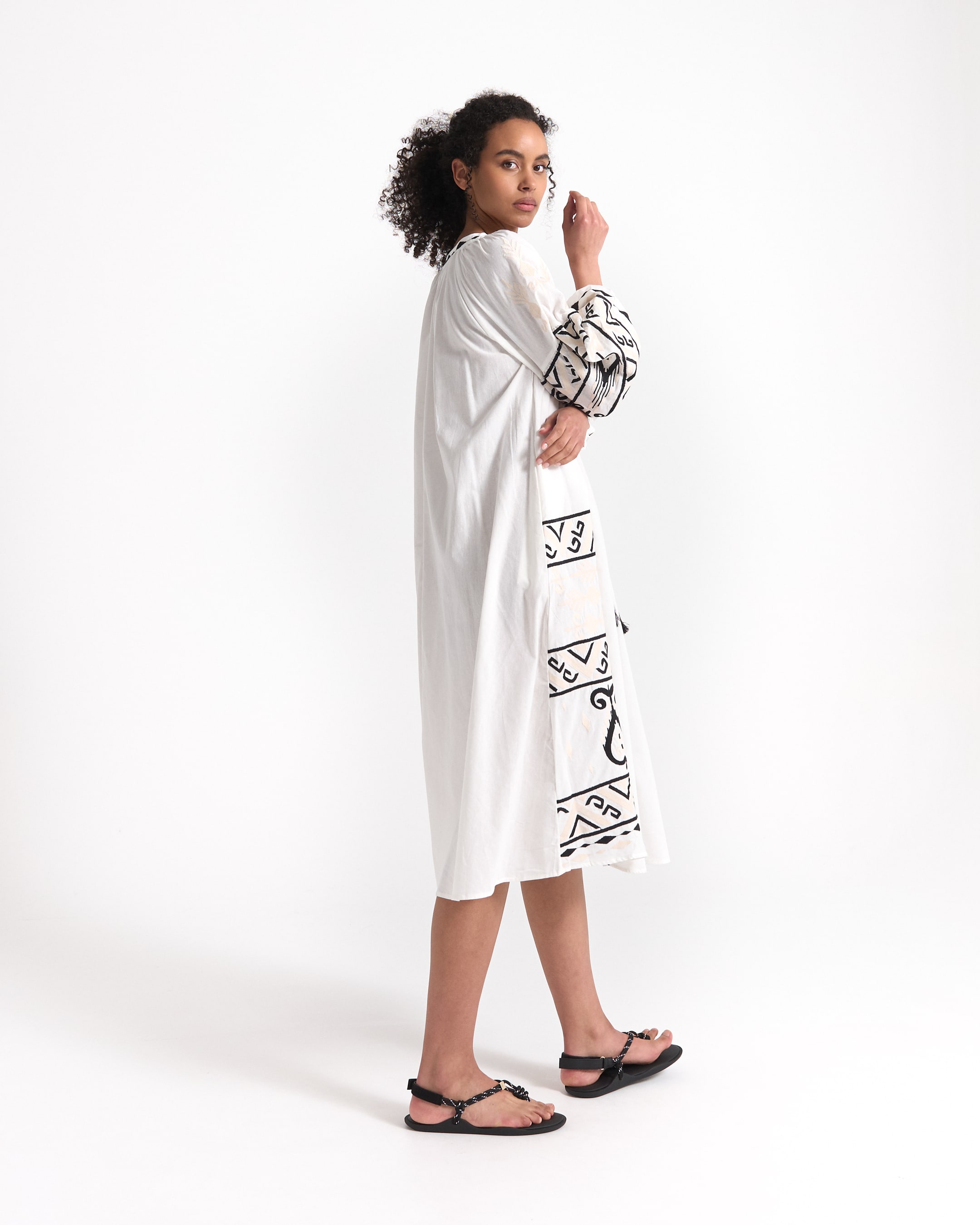 dress, long dress, white dress, printed sleeves, sandals