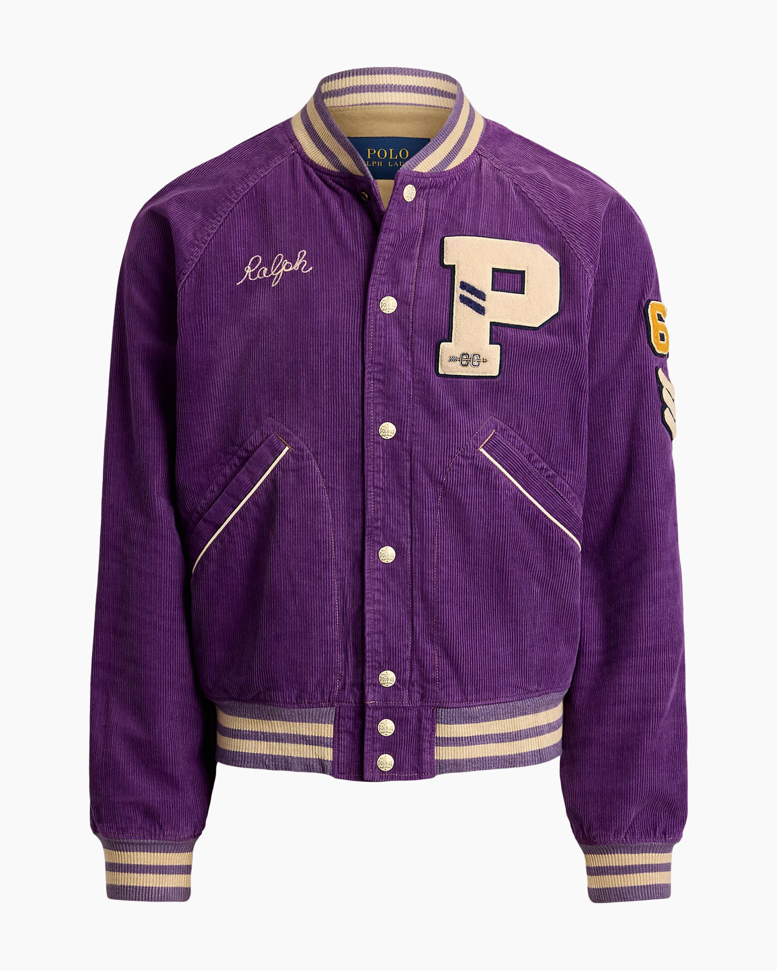 corduroy, varsity jacket, purple, logo patch, pocketed
