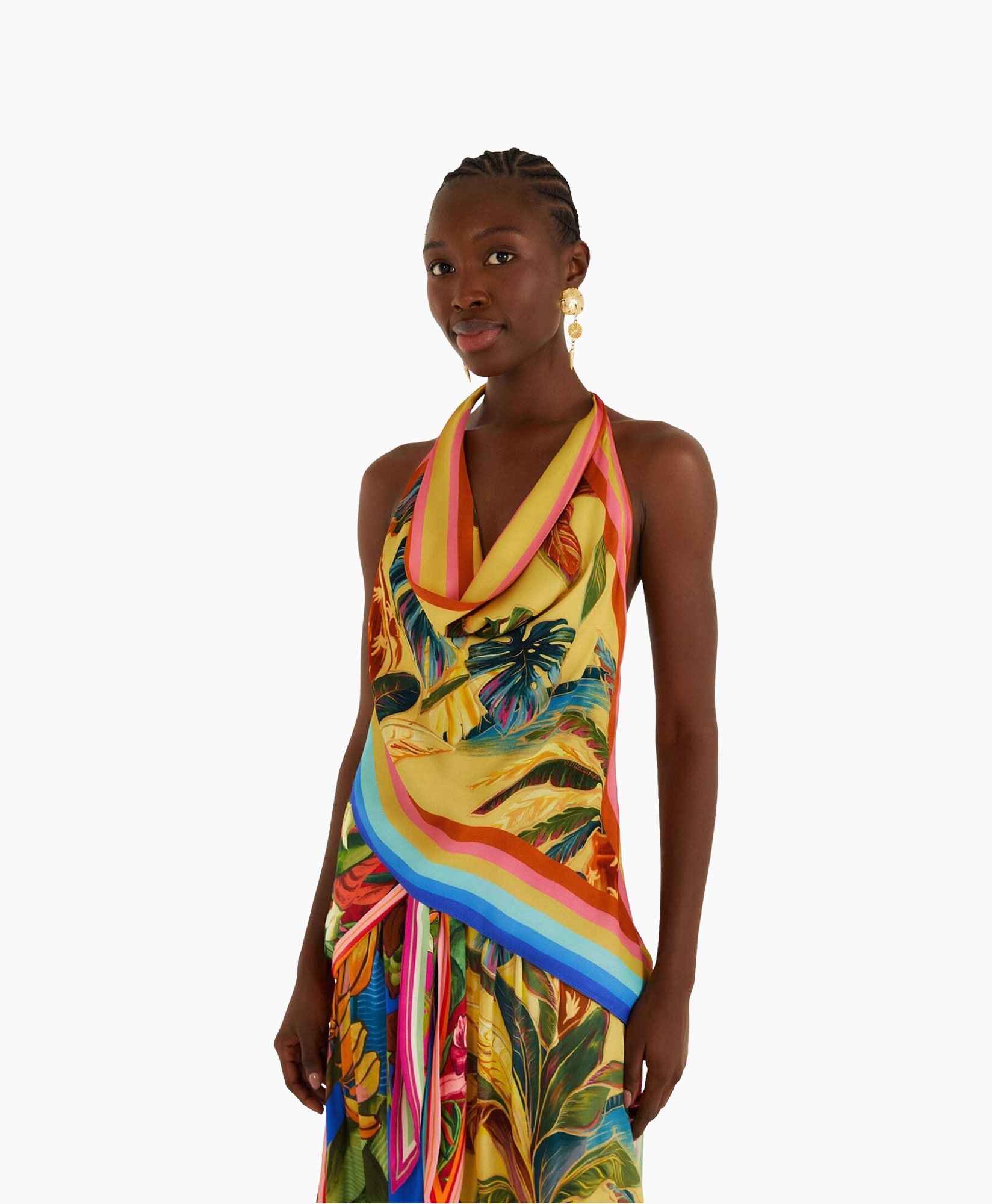 halter dress, tropical print, yellow dress, strappy scarf, colorful pattern