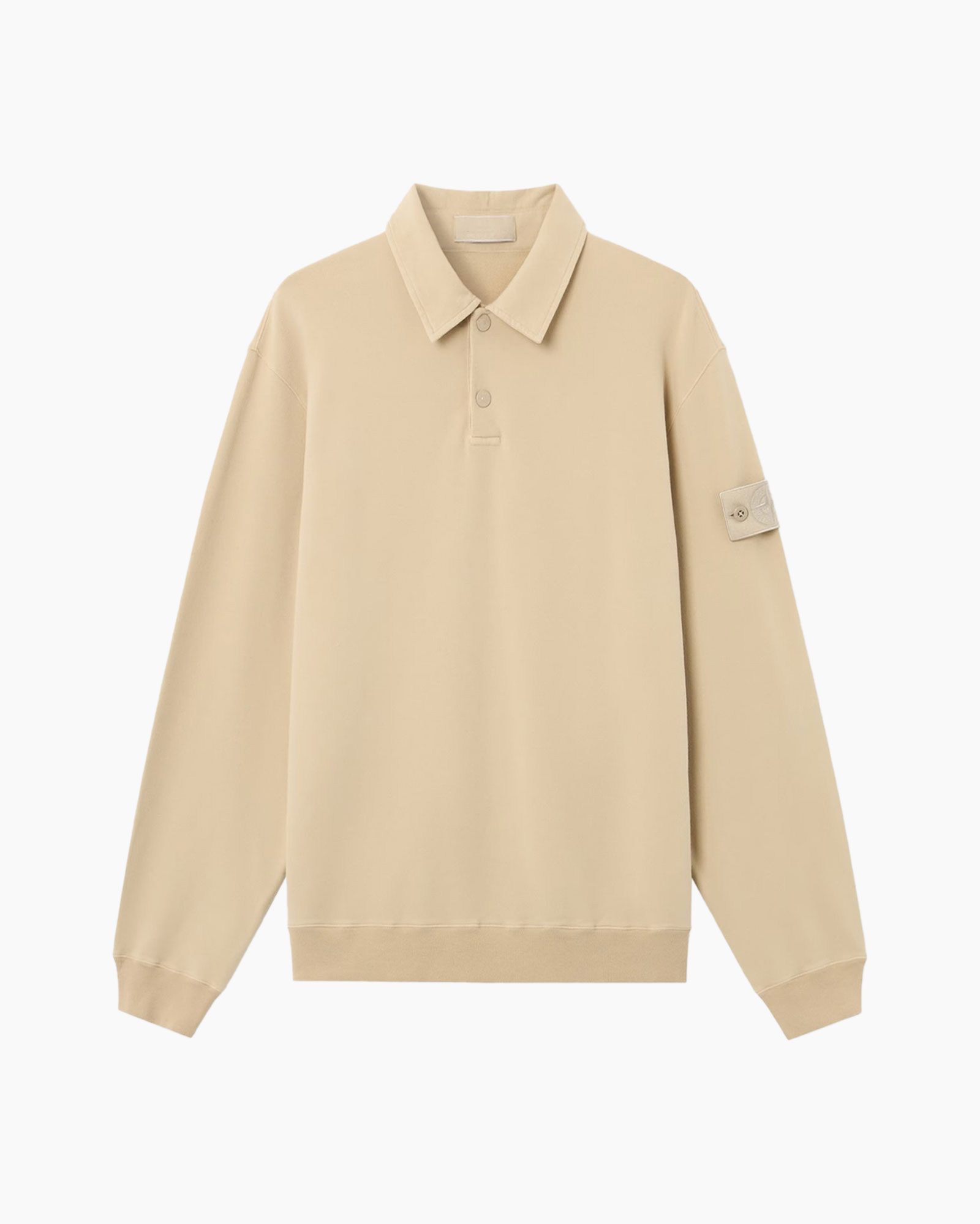 polo shirt, beige, long sleeve, collared, logo patch