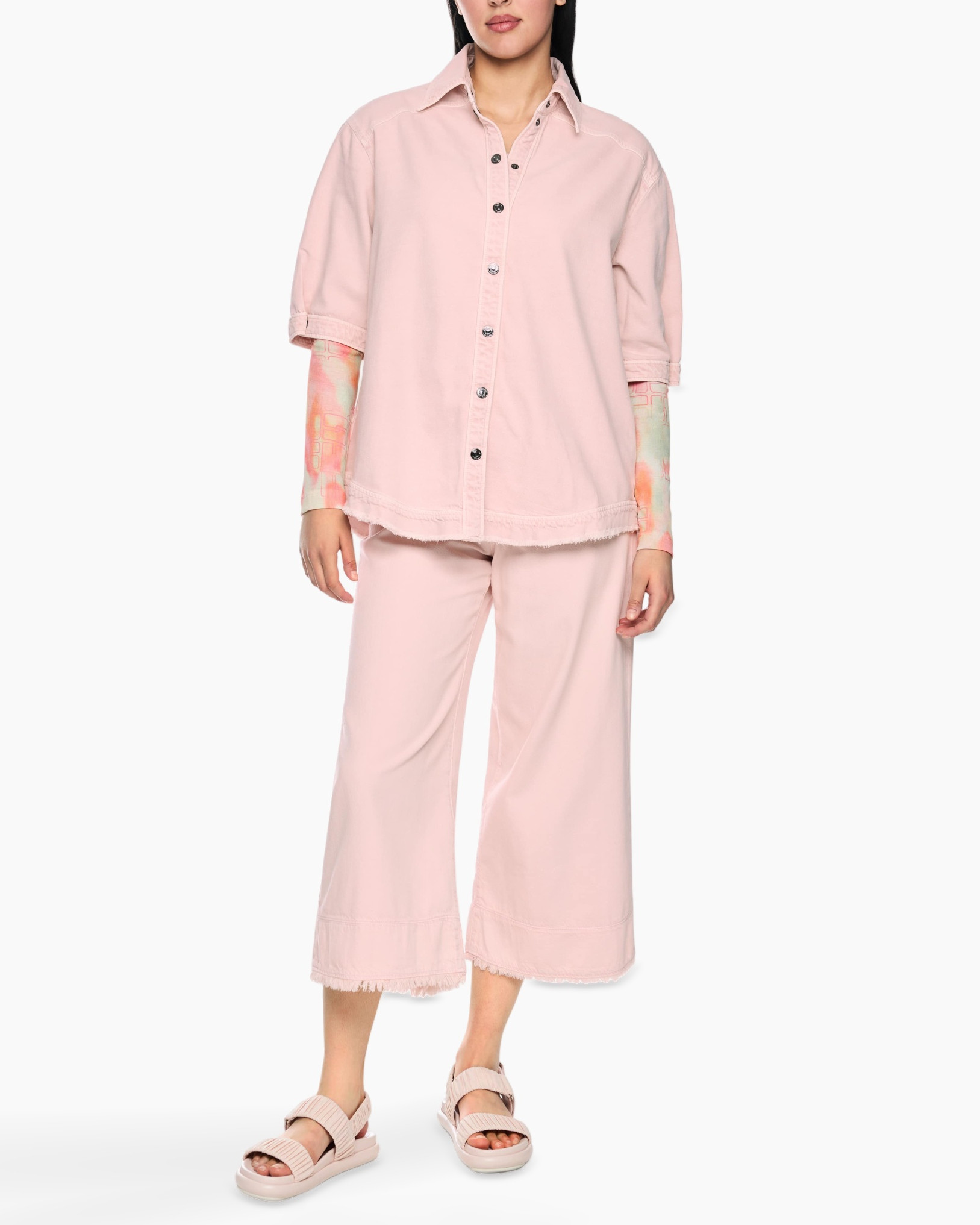linen shirt, pink shirt, long sleeve, collared, frayed hem