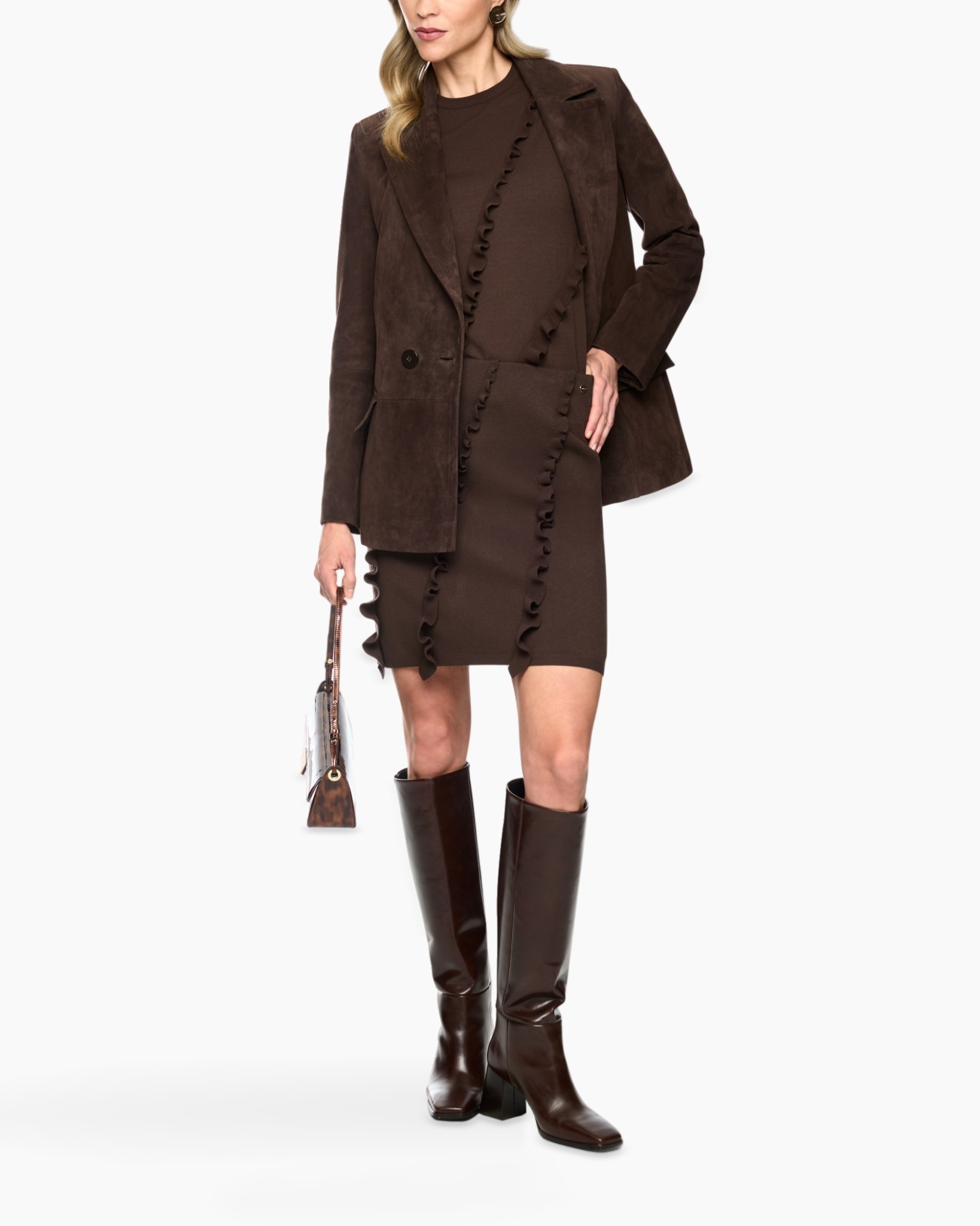 brown dress, ruffle trim, knit dress, brown blazer, knee-high boots
