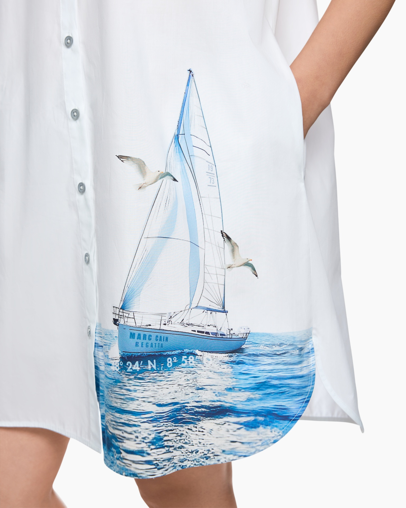 sailboat print, boat illustration, blue sailboat, water scene, shirt hem pocketless