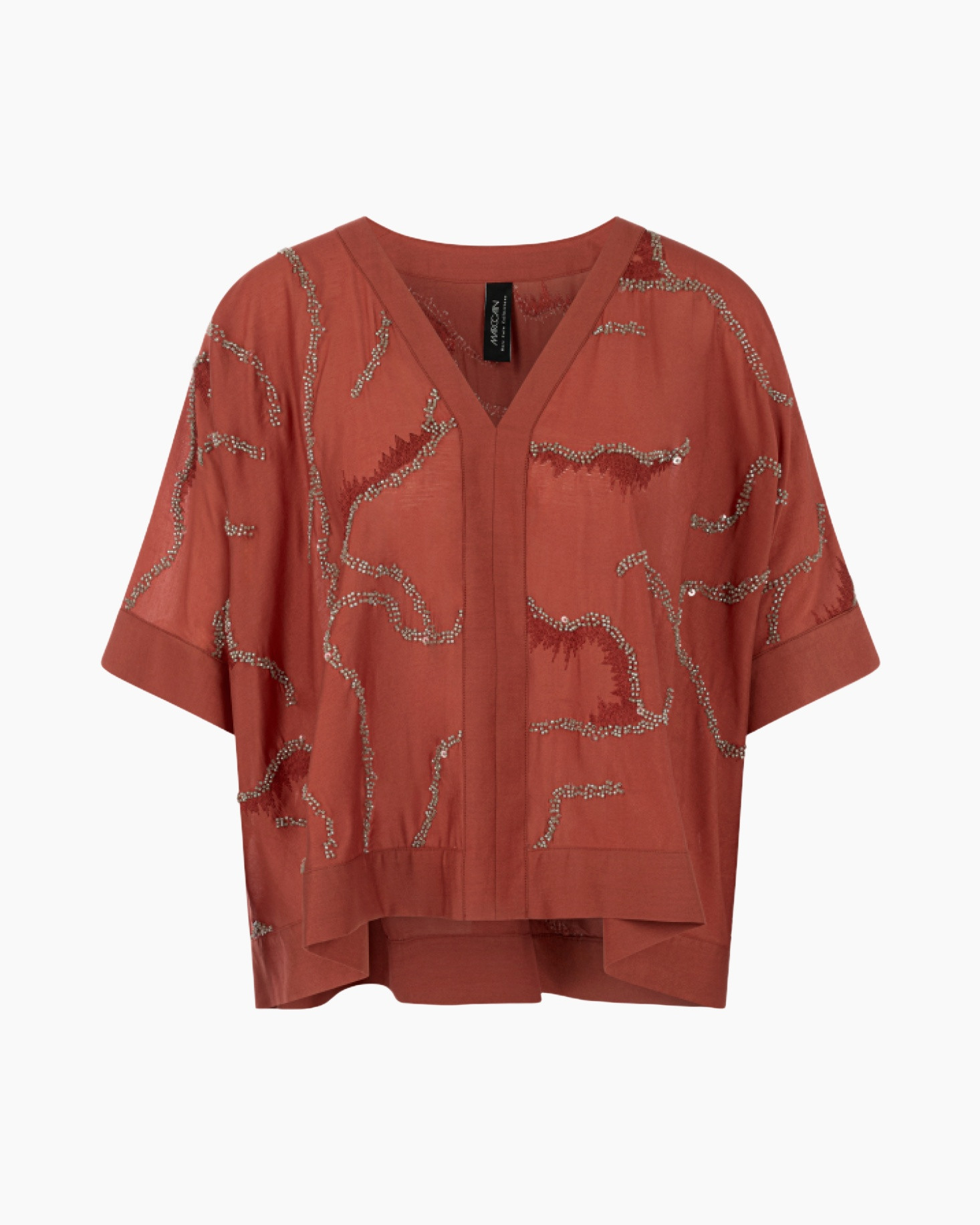 top, short sleeve, embellished, rust, v-neck