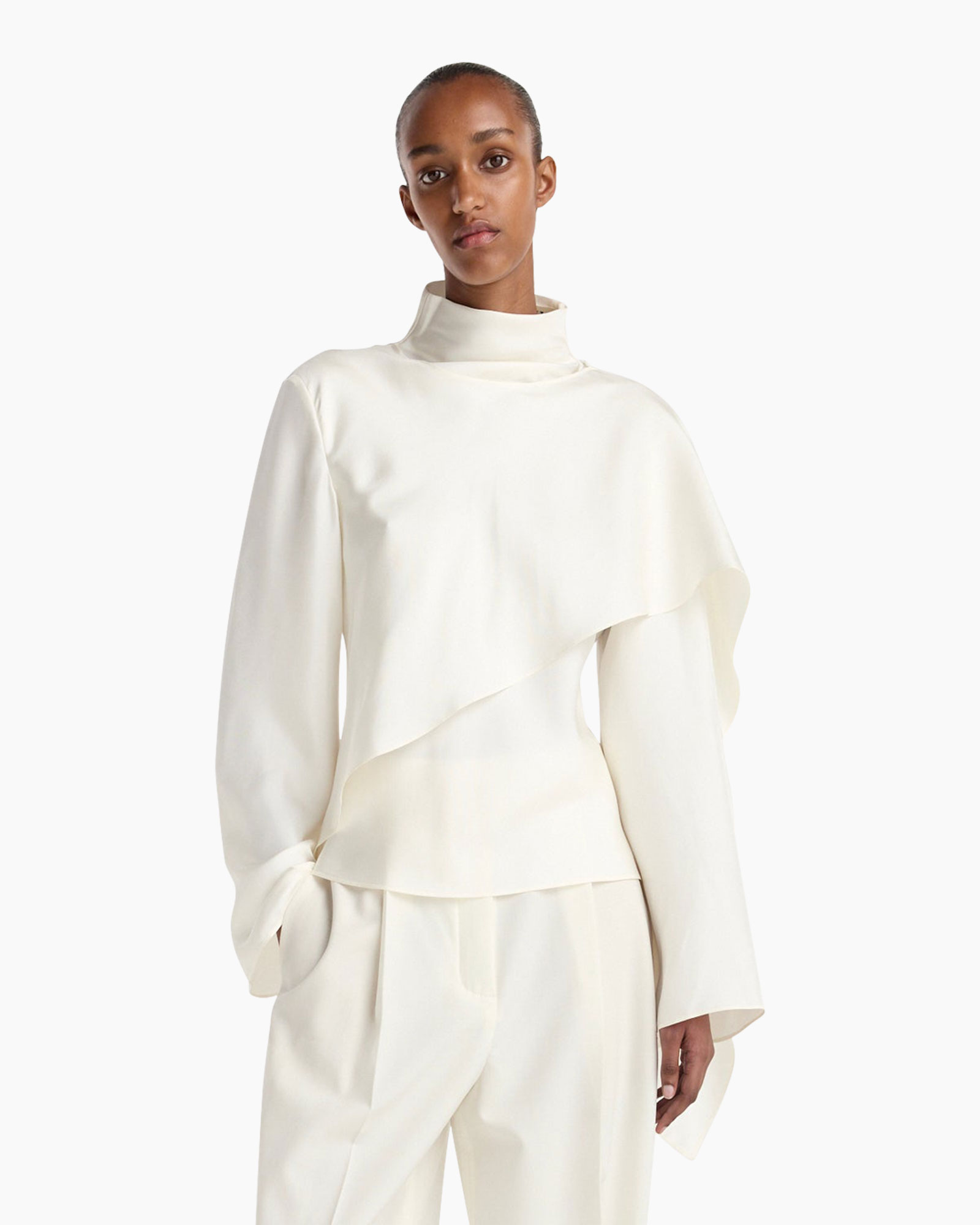 crepe top, asymmetric top, long sleeve, high neck, cream color