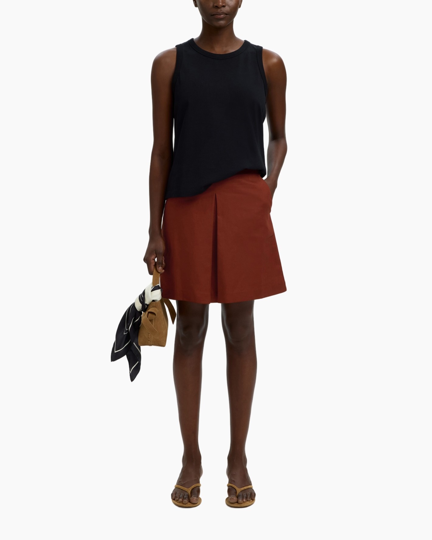 tank top, black top, skirt, rust brown, sandals