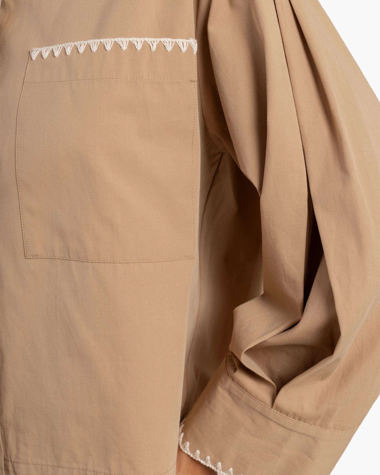 beige, pocket, stitching, long sleeve, fabric