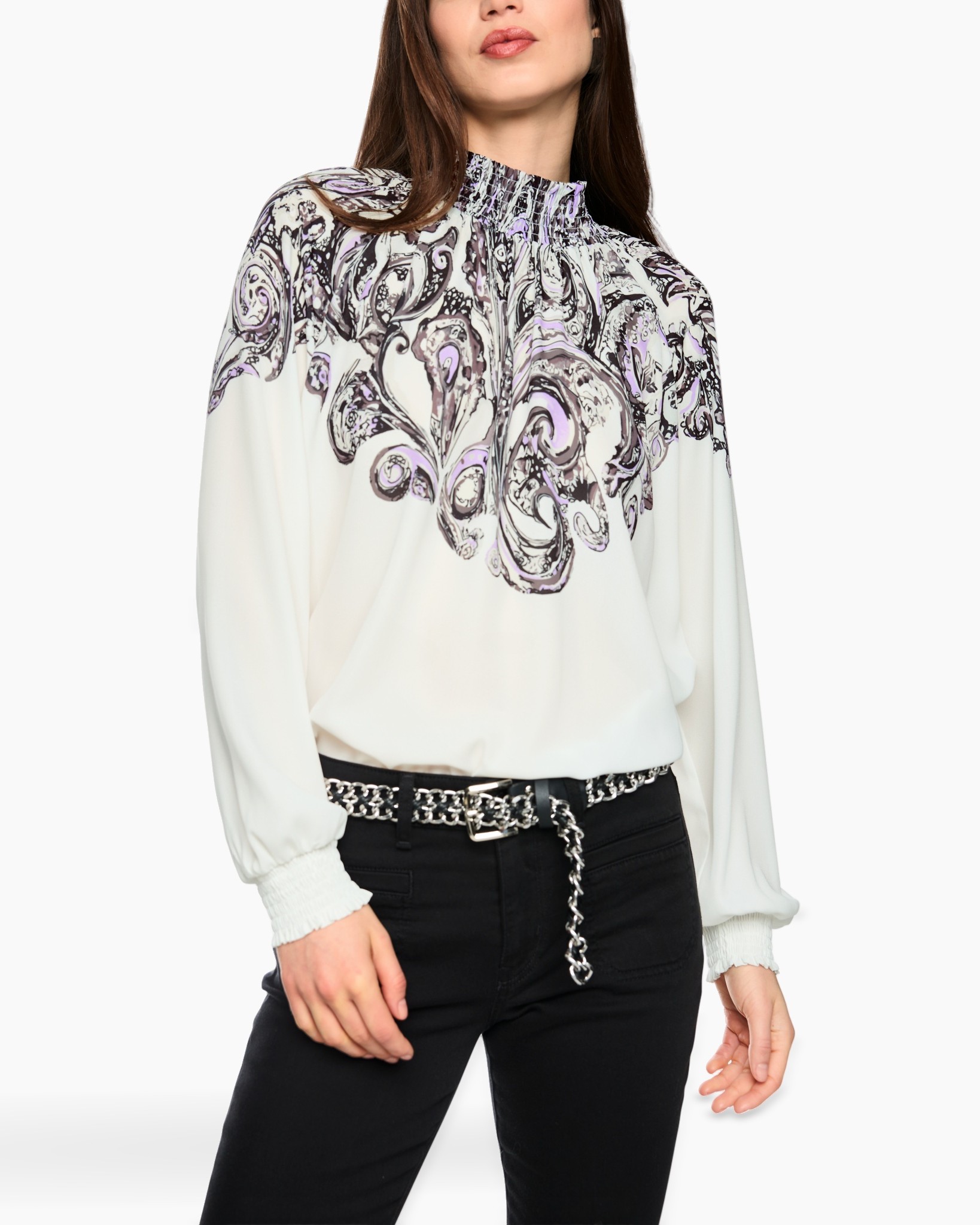blouse, paisley, long-sleeve, high-neck, white