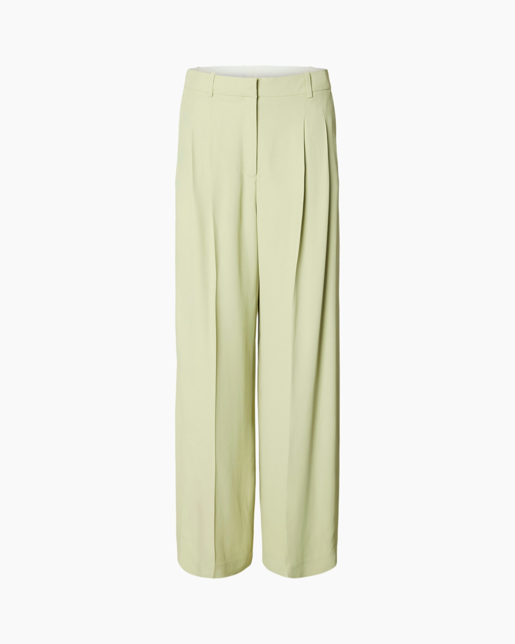 trousers, wide-leg, pleated, light-green, ankle-length