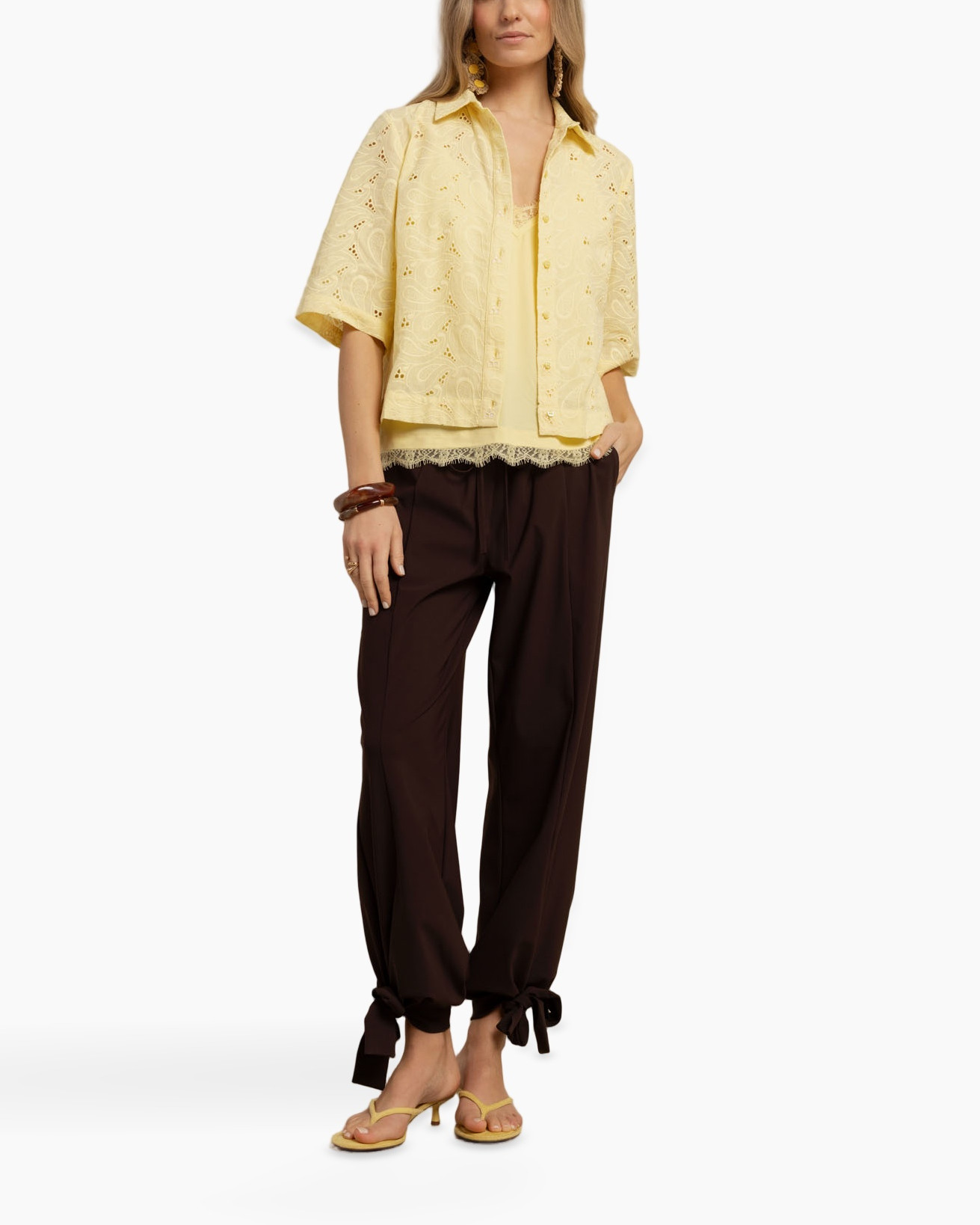 yellow lace top, eyelet, short sleeve, layered look, casual pants