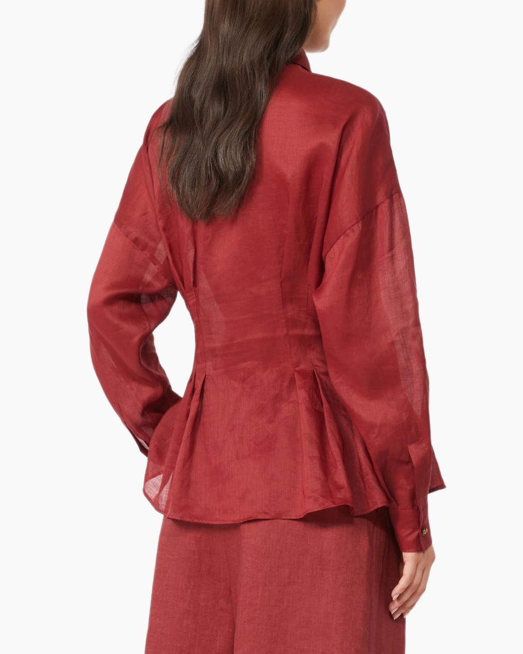 blouse, red, collared, pleated, long-sleeve