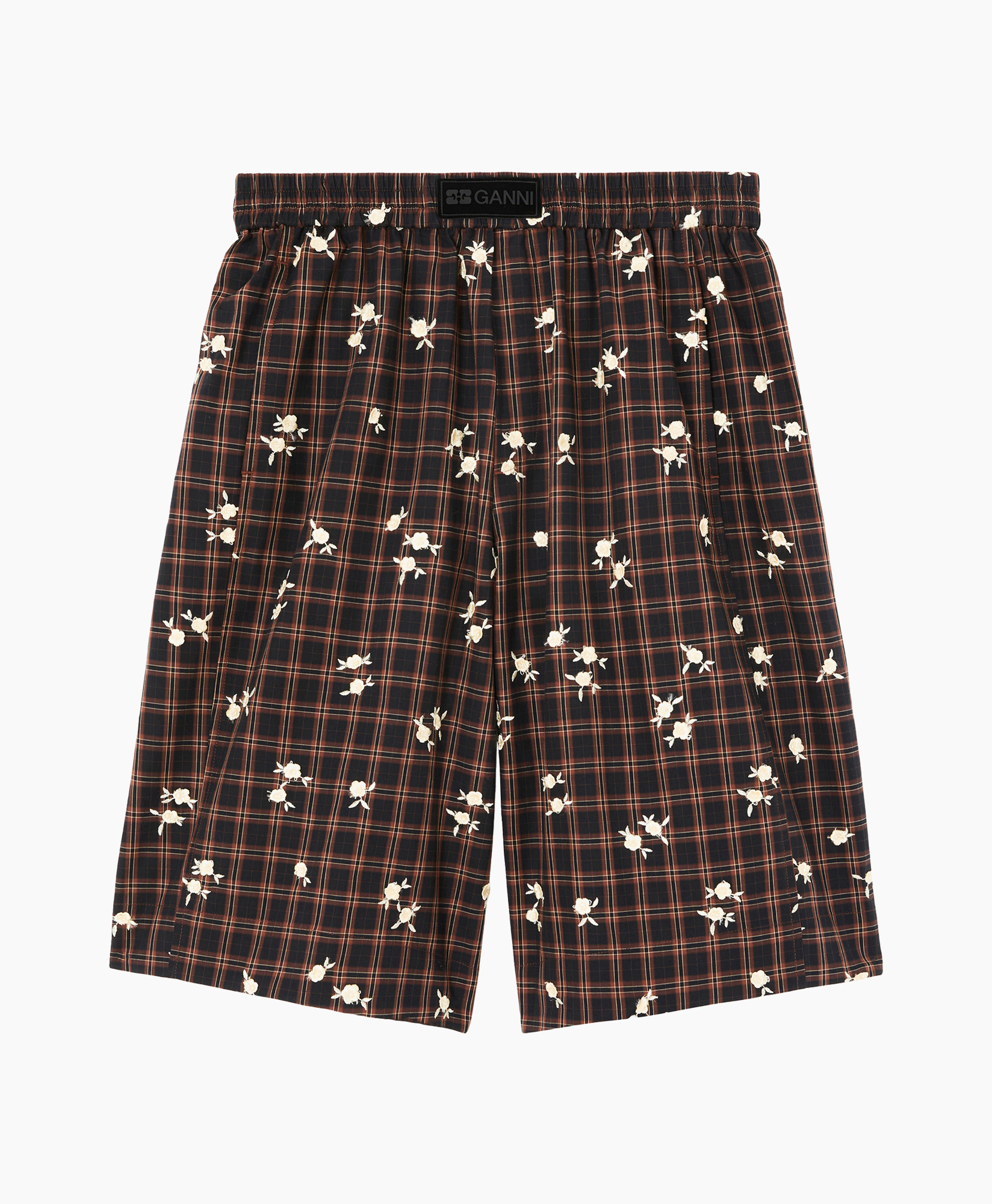 shorts, plaid, floral, elastic waistband, knee-length