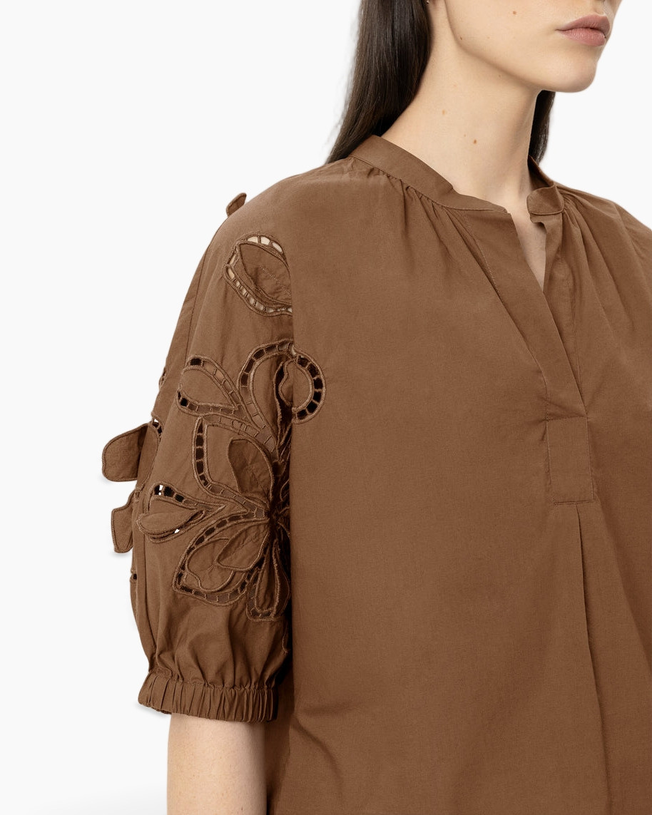 brown, blouse, embroidery, short sleeve, pleated detail