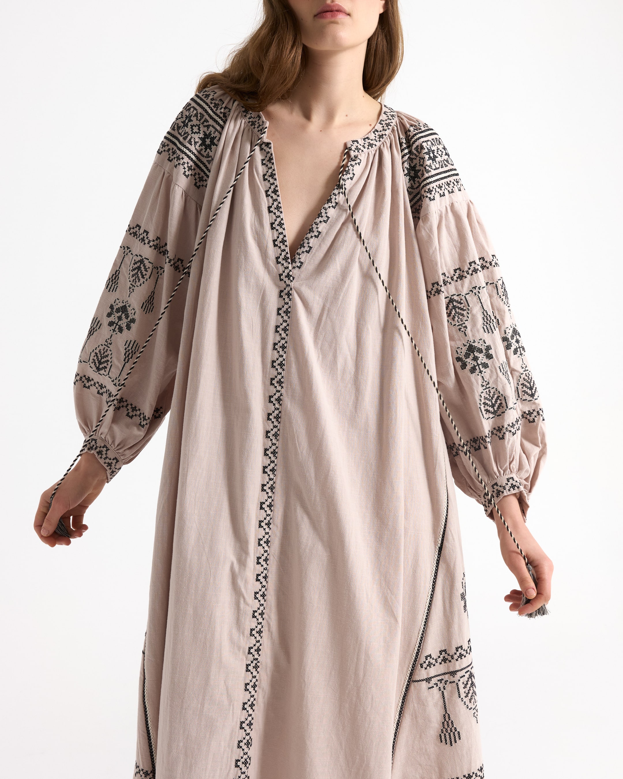 boho dress, embroidered, peasant sleeve, linen look, beige