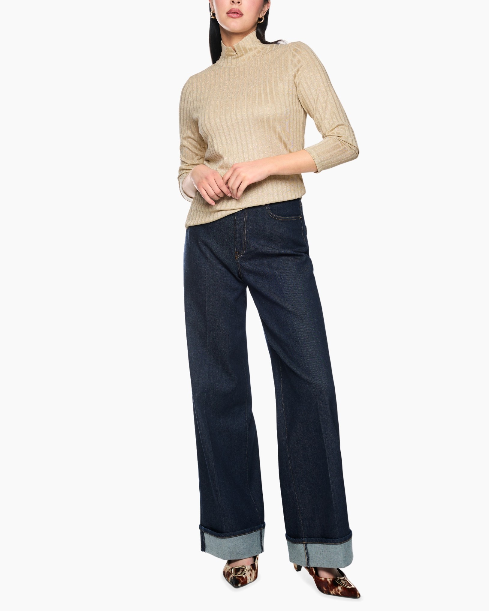 turtleneck, beige, knitwear, long jeans, wide leg jeans