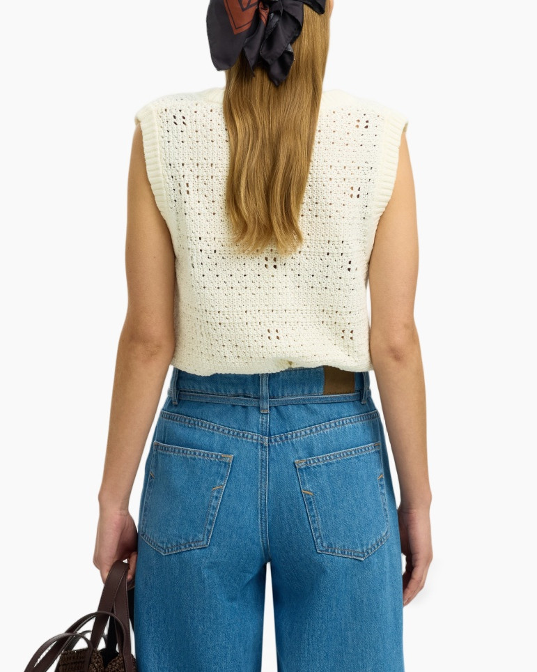 knittop, sleeveless, cream, crocheted, bag-temale