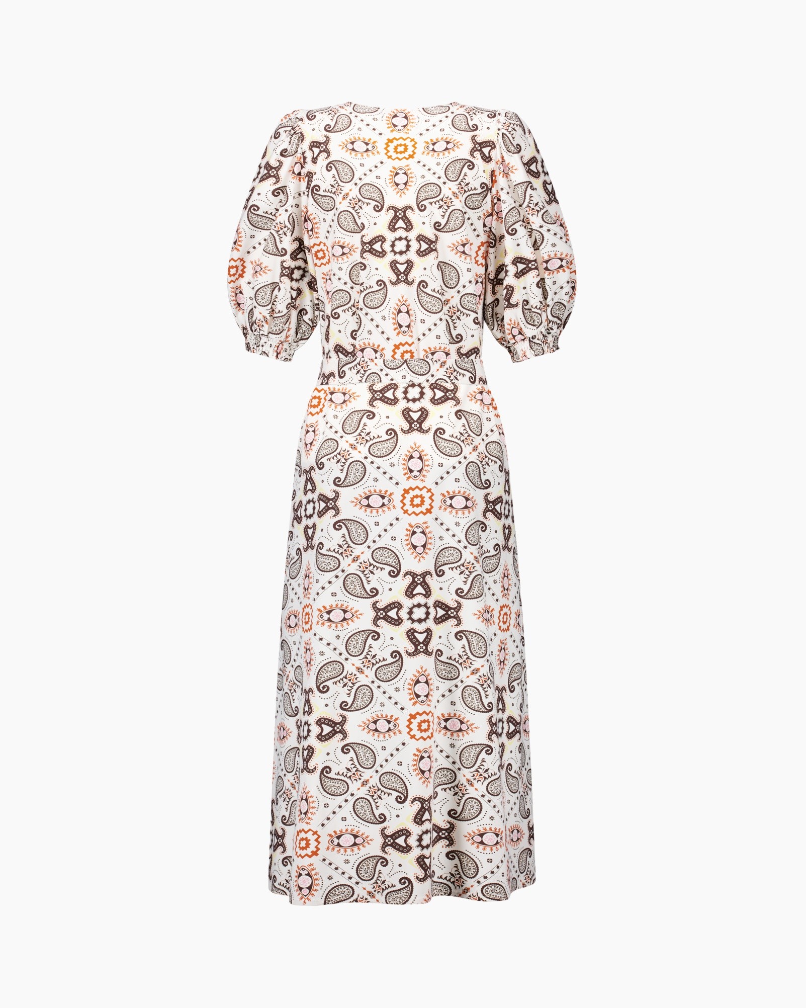dress, paisley, mid-length, short puffed sleeves, printed pattern