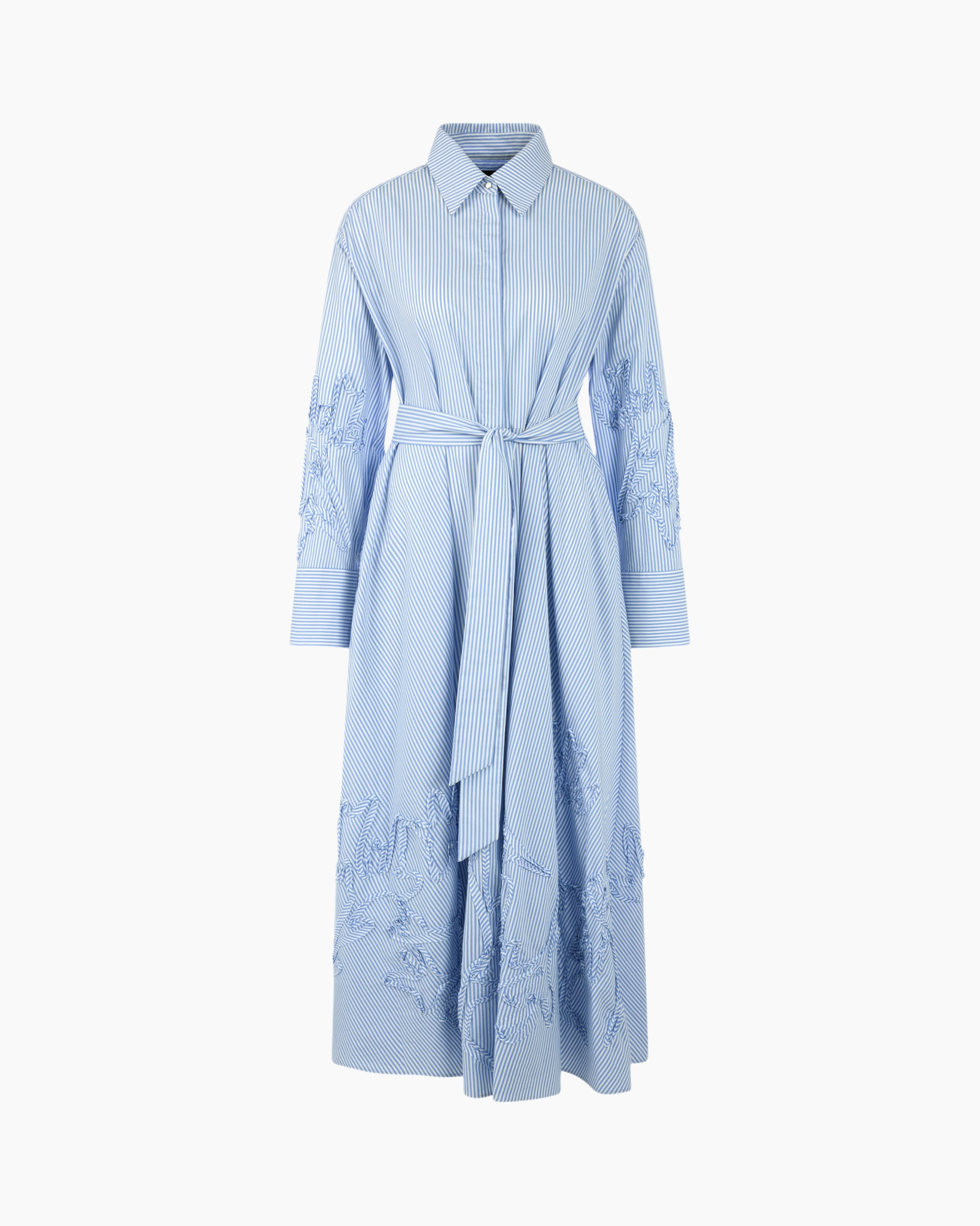 dress, shirt dress, blue striped, embroidery, waist belt