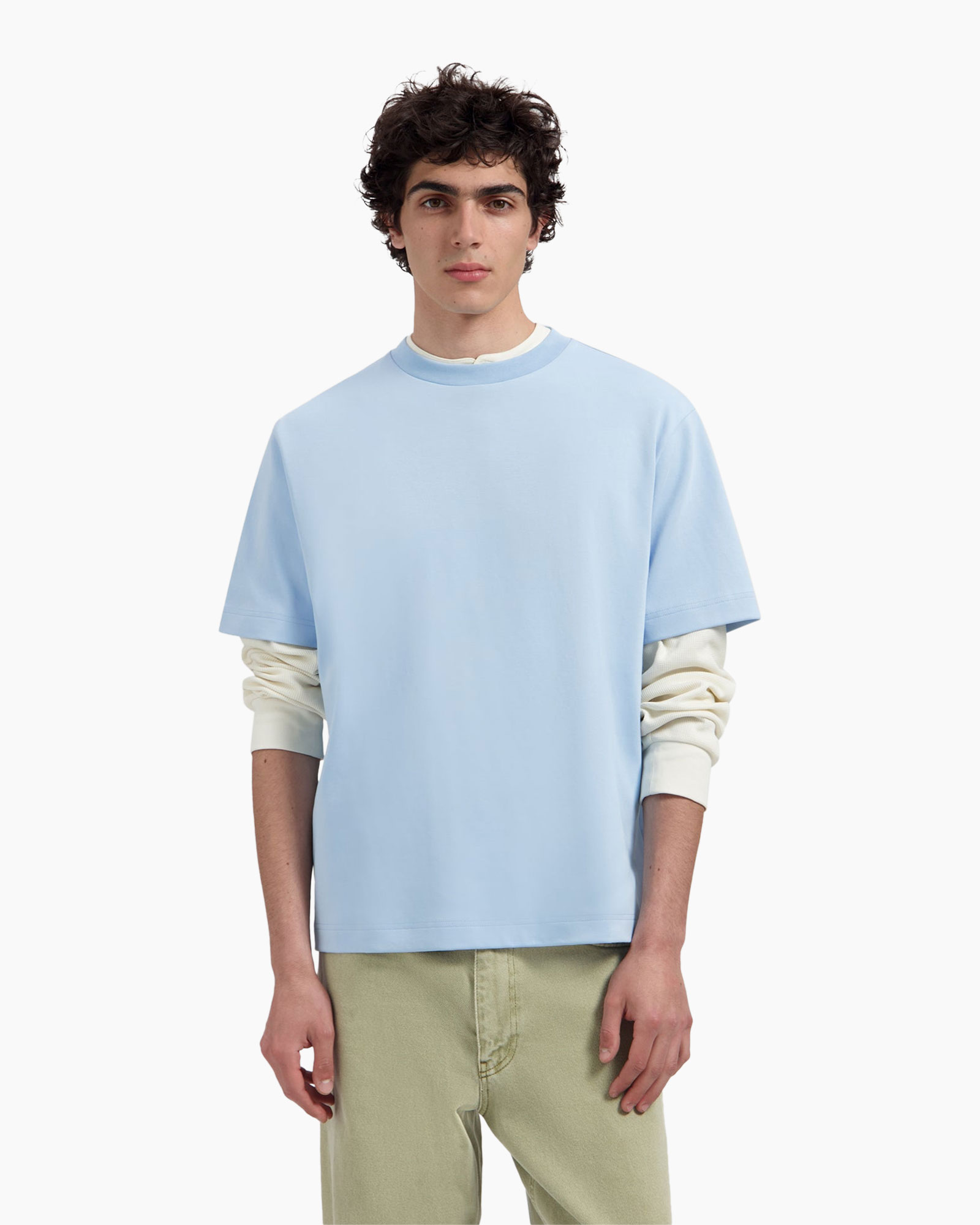 t-shirt, short-sleeve, light blue, crew neck, layering