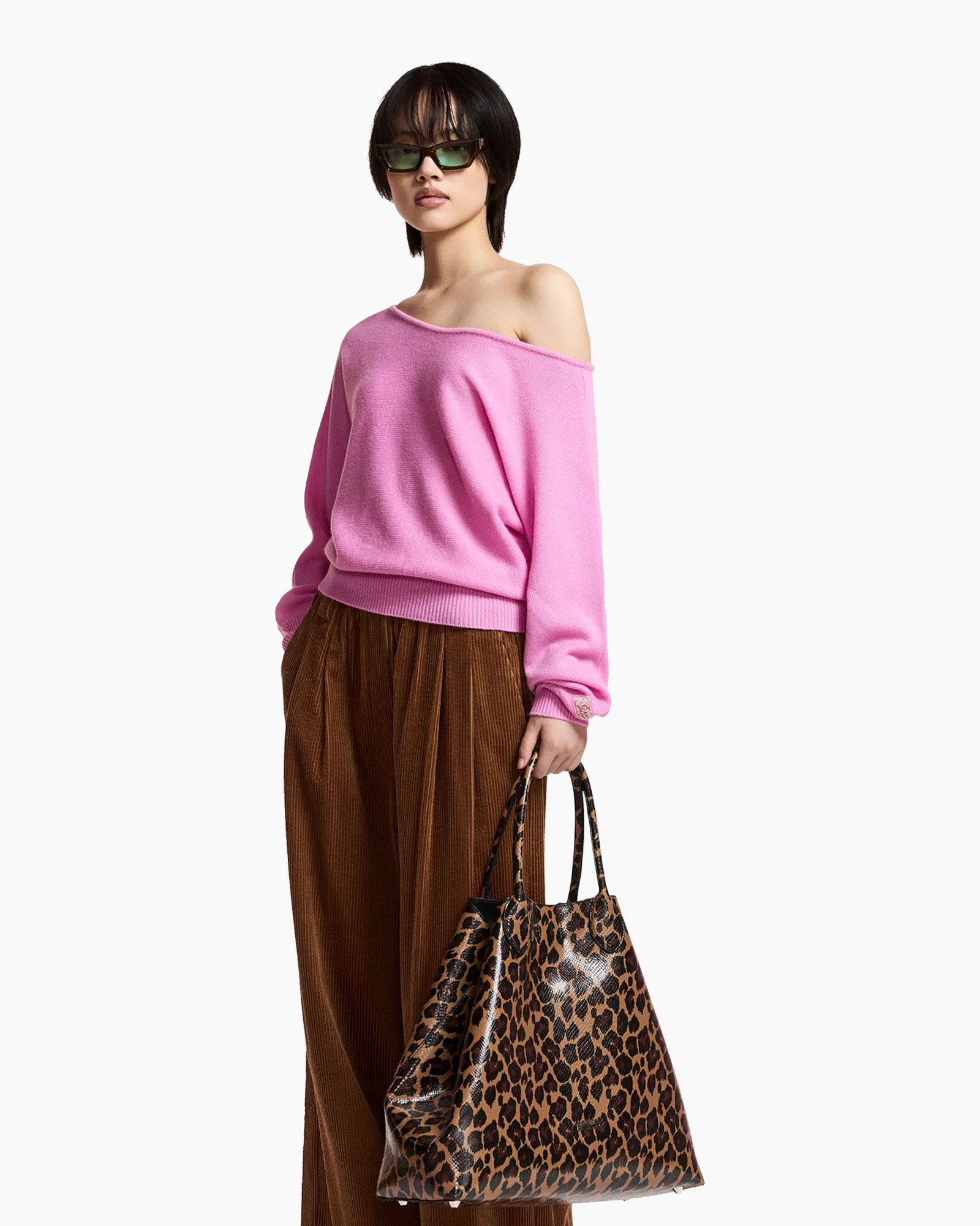 pink sweater, off-shoulder, brown corduroy pants, leopard print bag, sunglasses