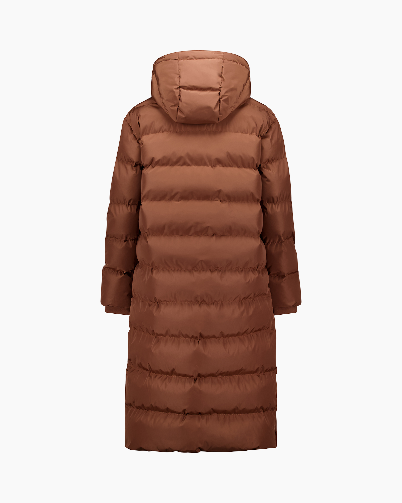 puffer coat, long jacket, hooded, quilted, brown