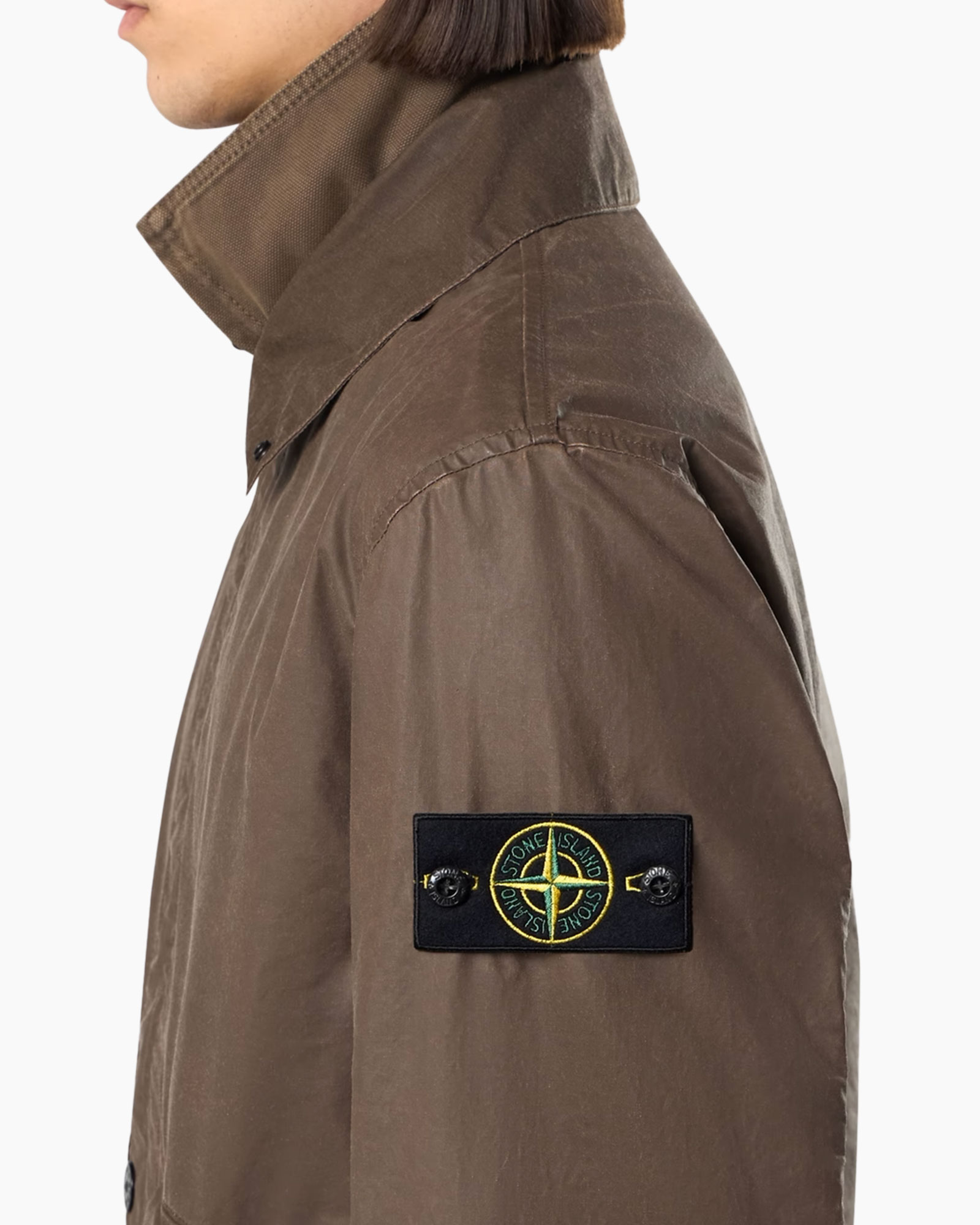 jacket, brown, military-style, patch, collar