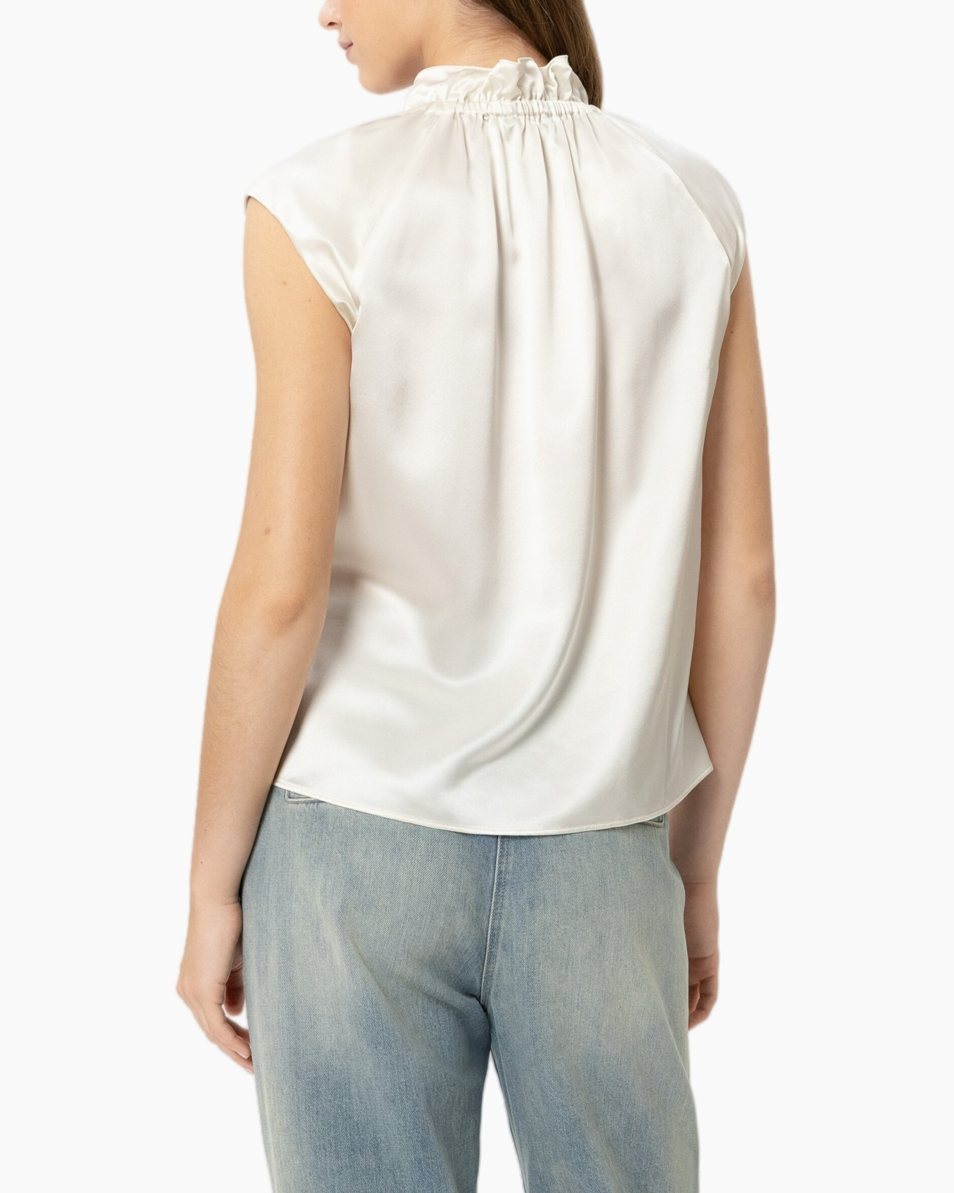 sleeveless top, silk blouse, high neck, cream, back view