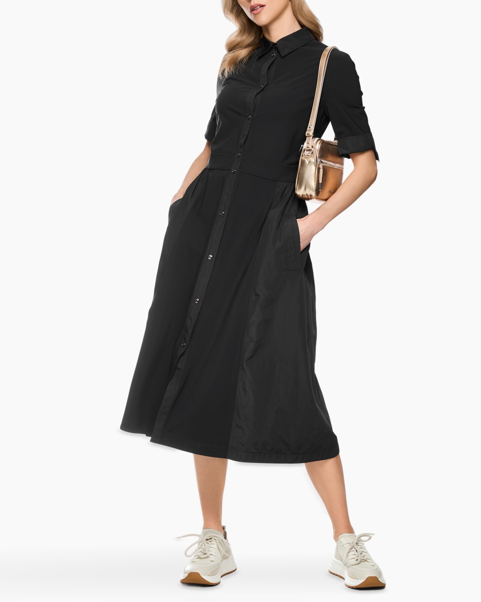 dress, black, shirt-dress, mid-length, pockets, buttoned