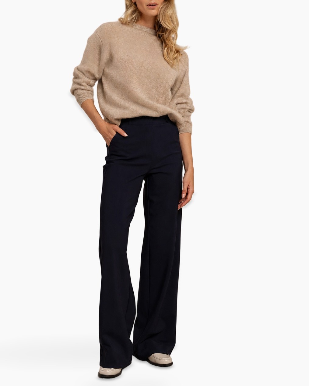 sweater, knitted, beige, crewneck, long-sleeve