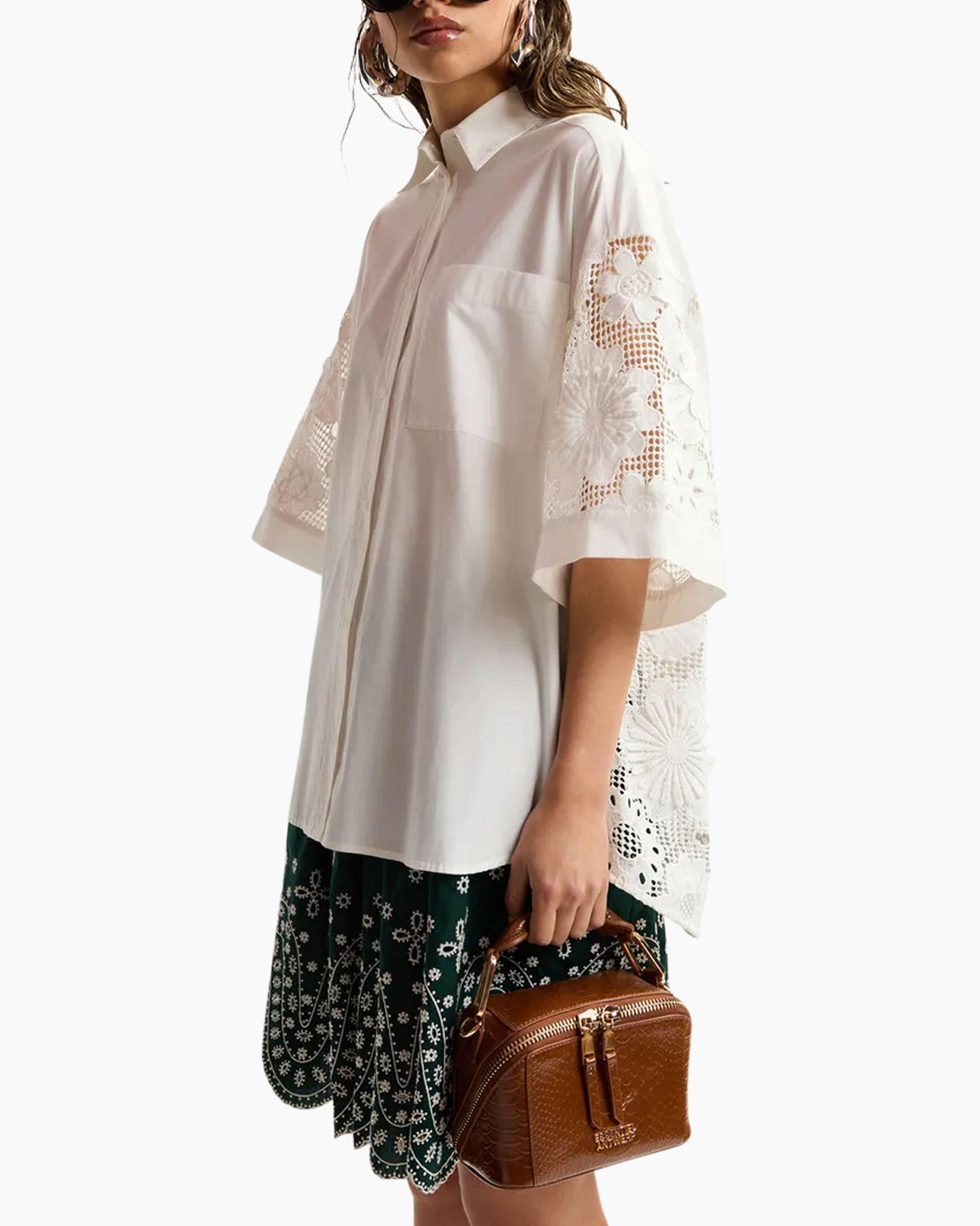 white shirt, lace sleeves, cotton blouse, loose fit, embroidery edges