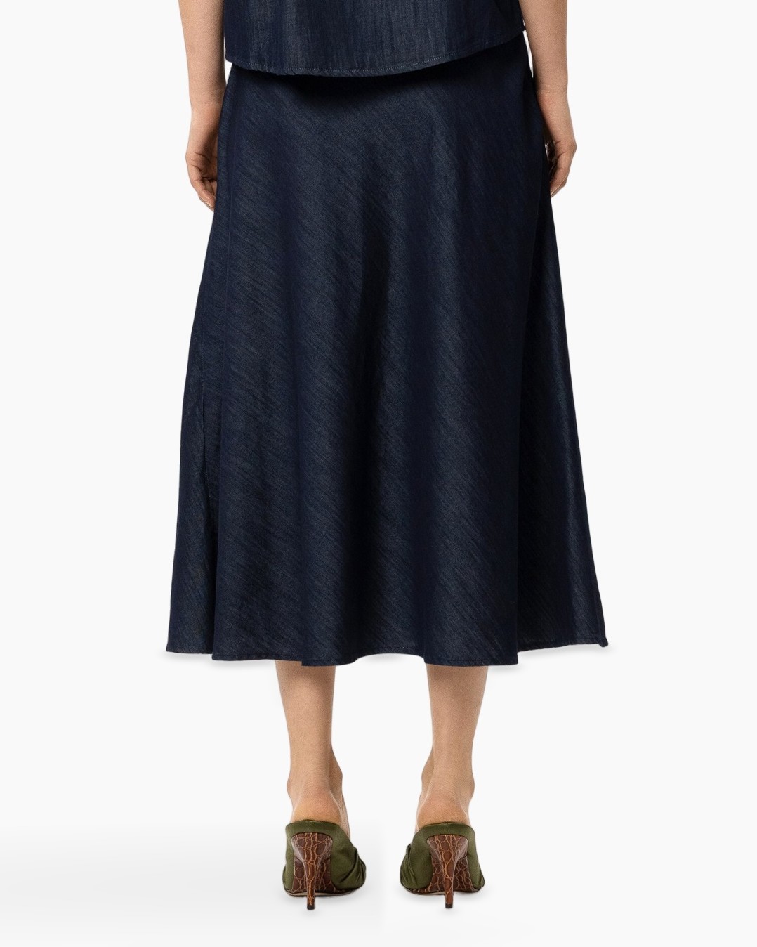 skirt, mid-length, navy, linen blend, slip-on flats
