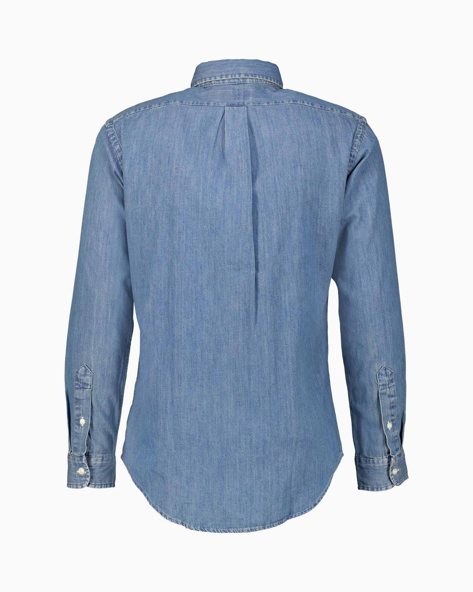 denim, shirt, long-sleeve, buttoned cuff, back pleat