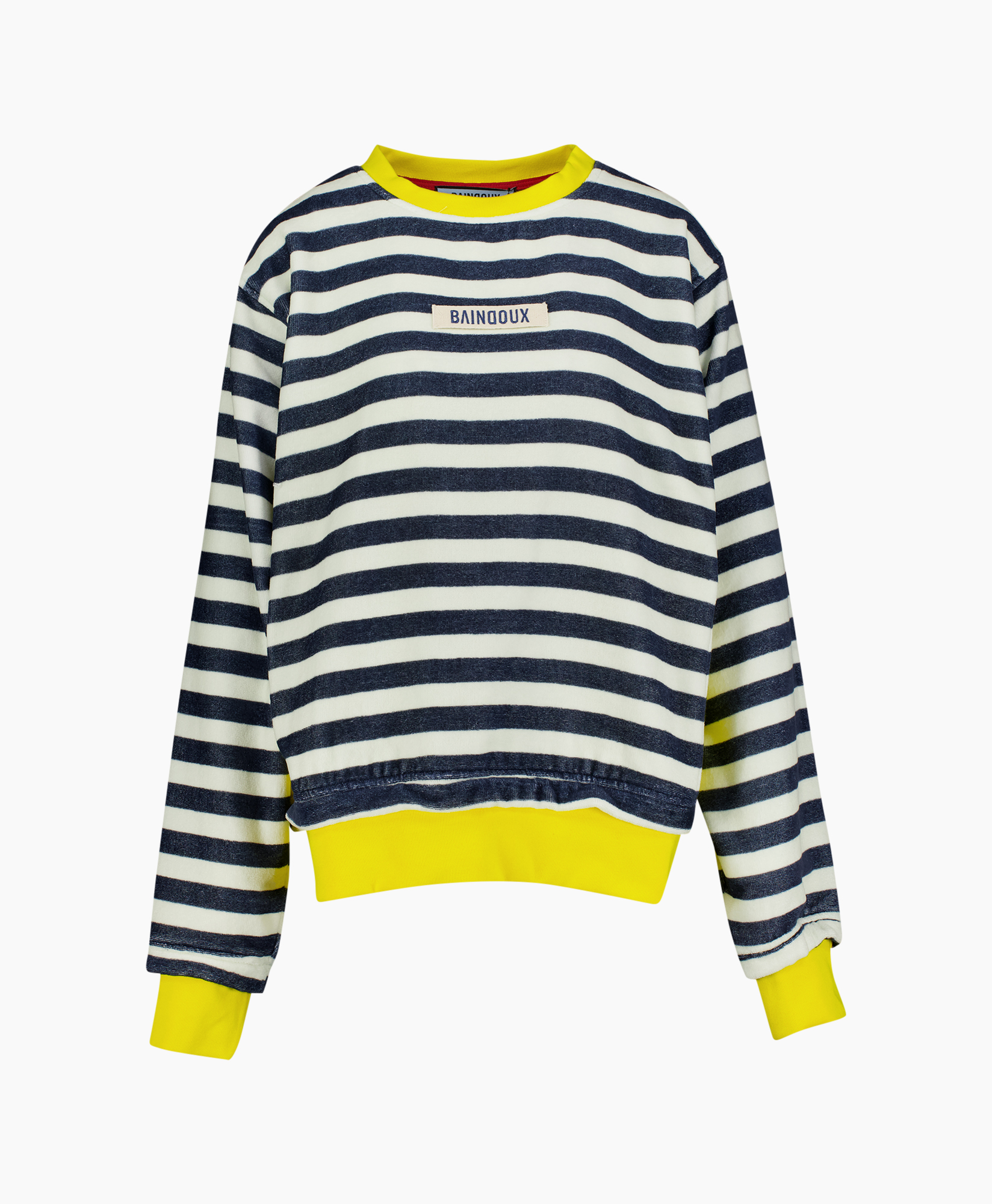 striped sweater, navy white, crew neck, yellow accents, long sleeve