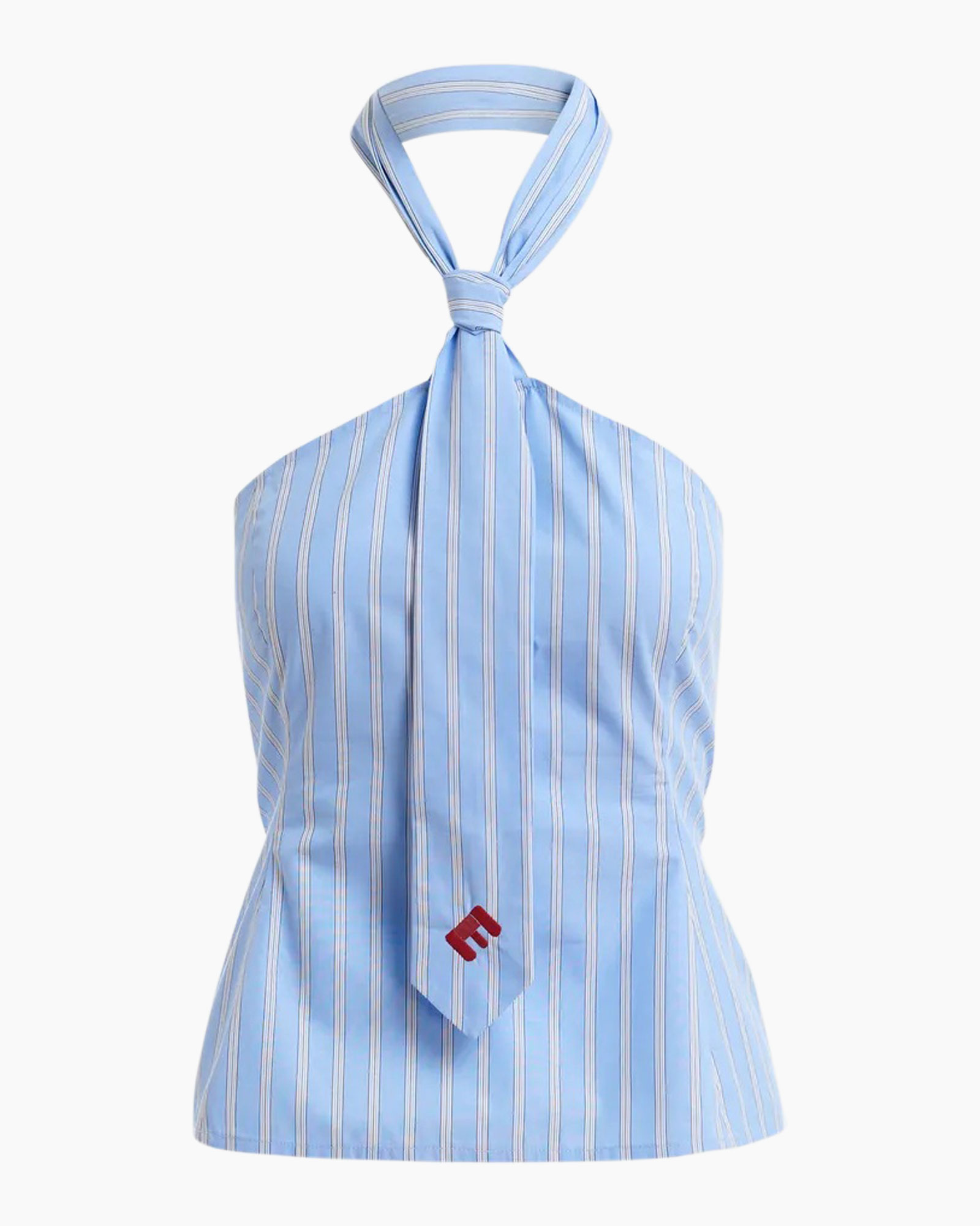 blue striped shirt, tie, halterneck, striped pattern, collarless top