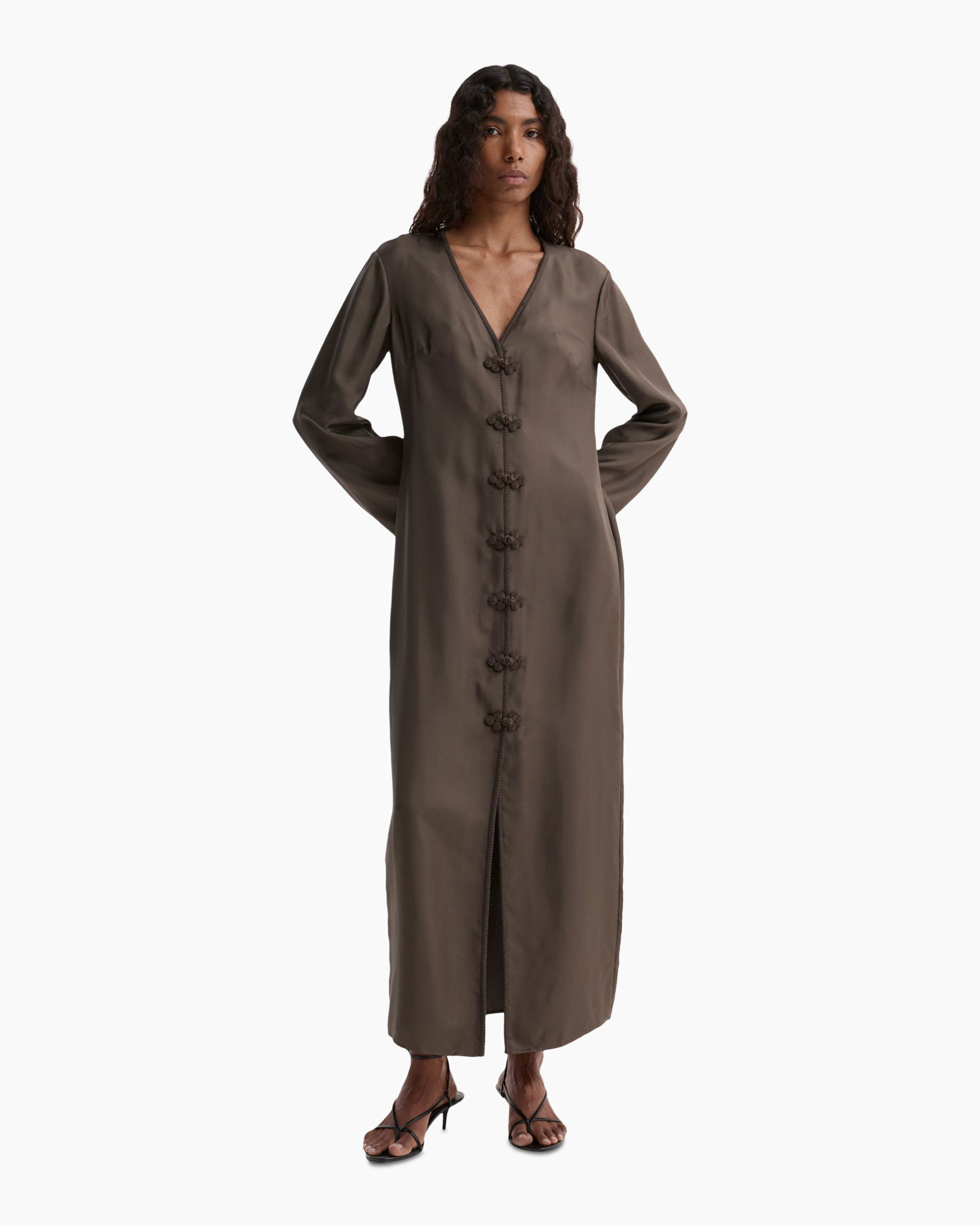 maxi dress, long dress, button front, solid color, v-neck