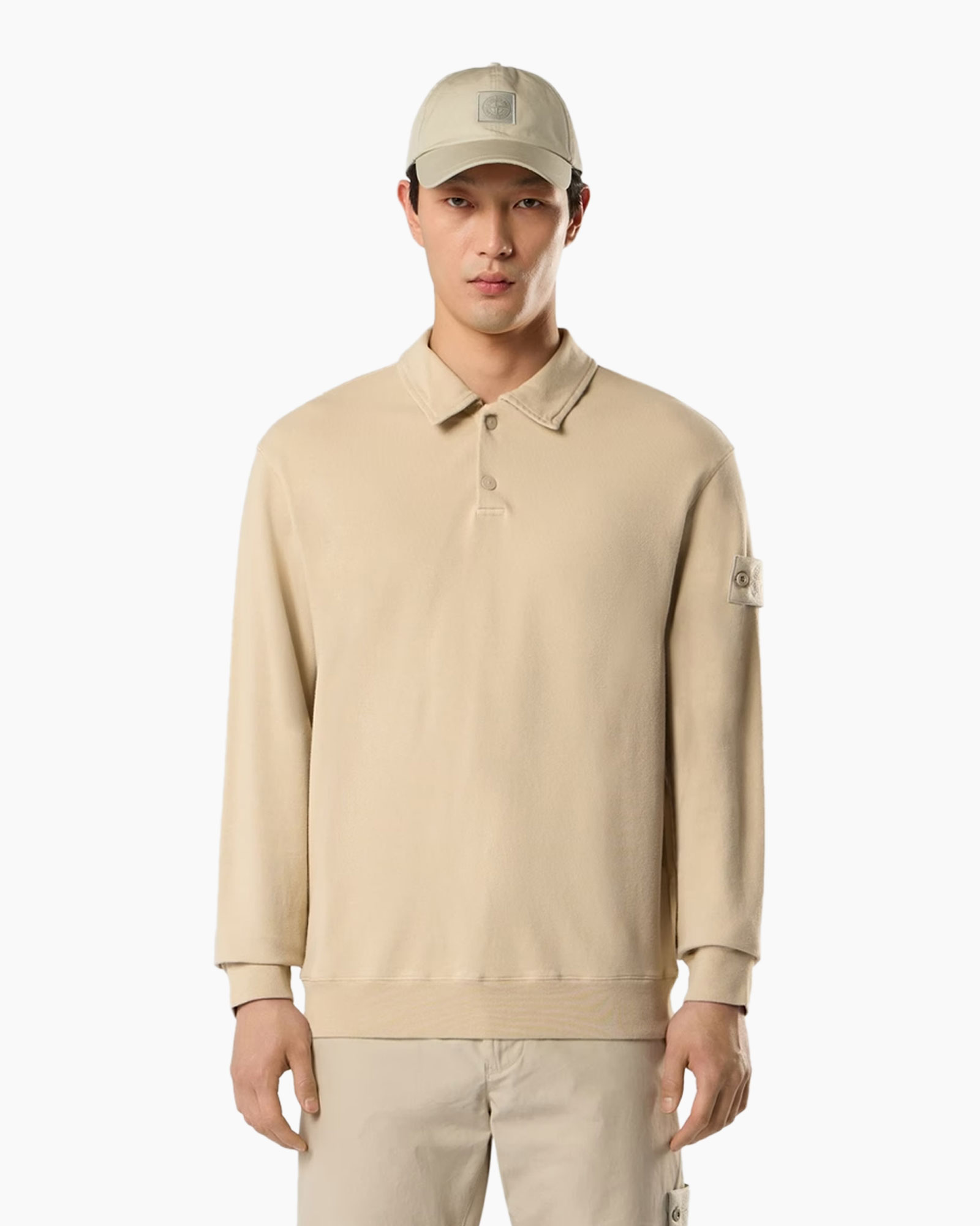 hoodie, long sleeve, beige, crewneck, baseball cap
