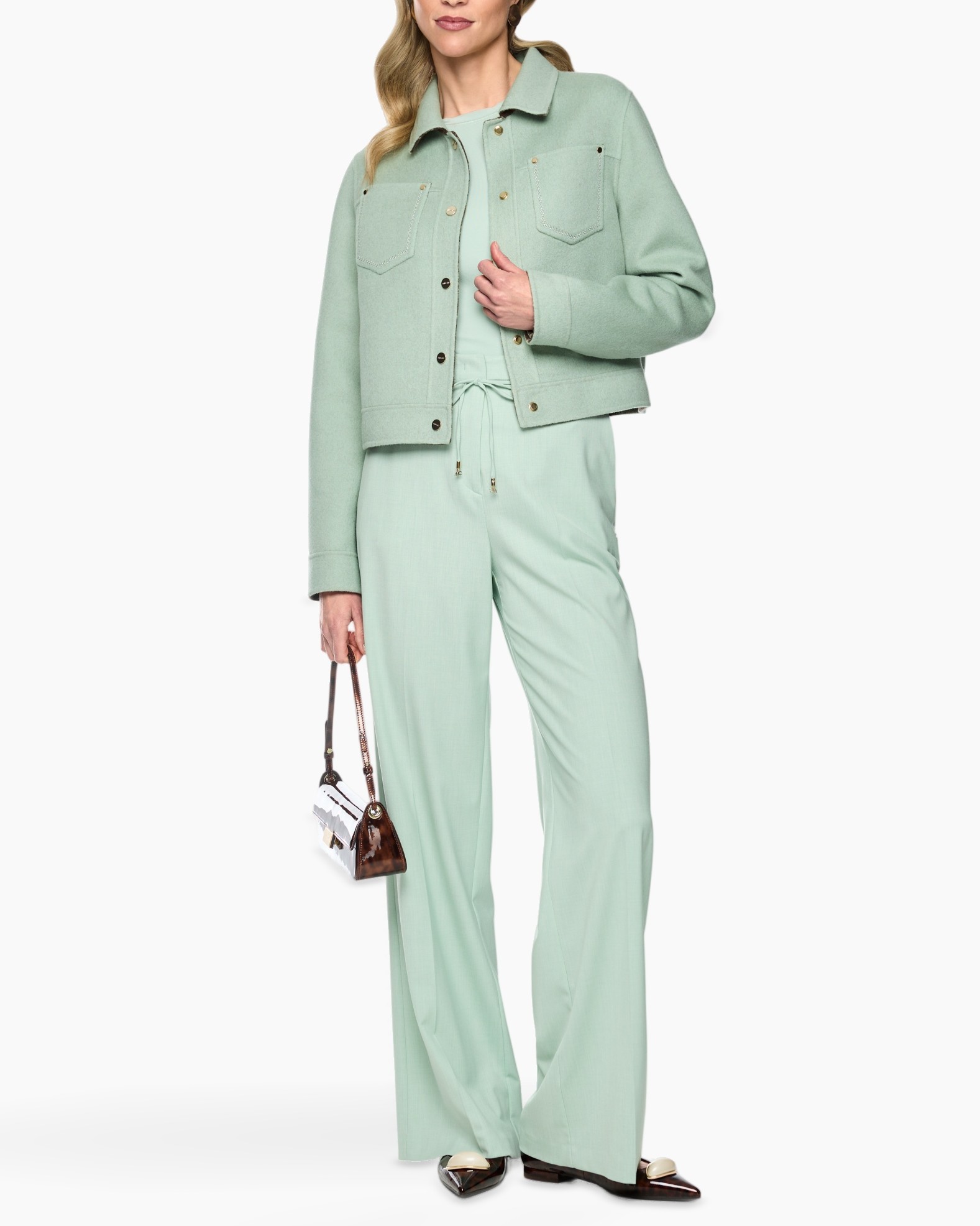 mint jacket, pocket jacket, buttoned jacket, loose fit, pale green pants