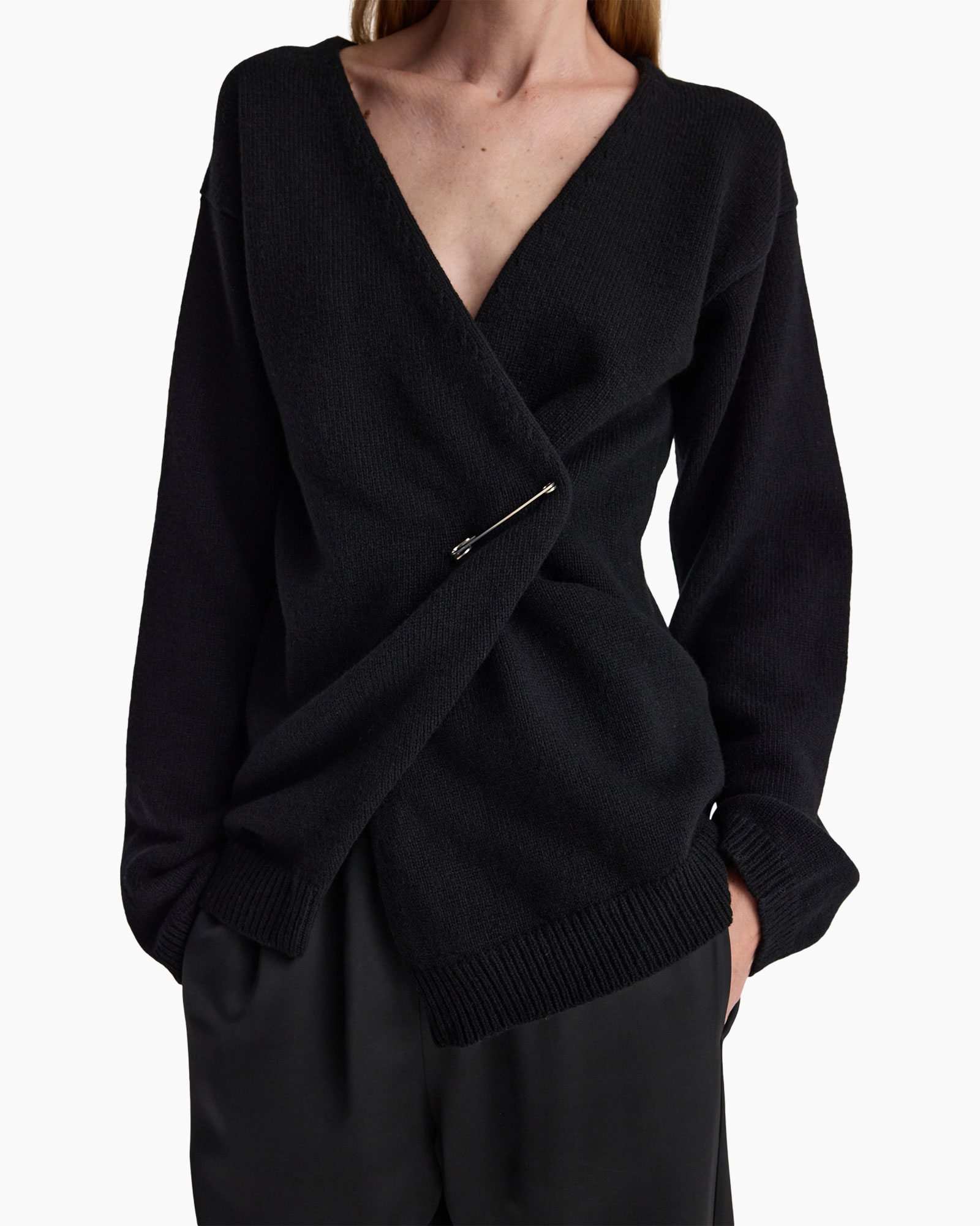 sweater, wrap cardigan, black, knit, long sleeve