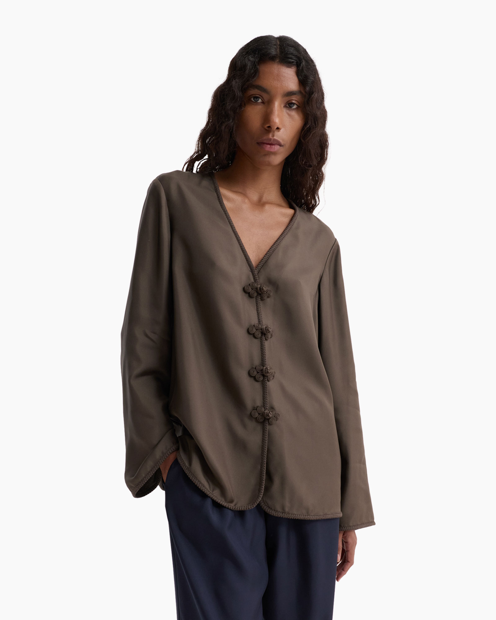 blouse, long-sleeve, v-neck, frog closures, solid, taupe