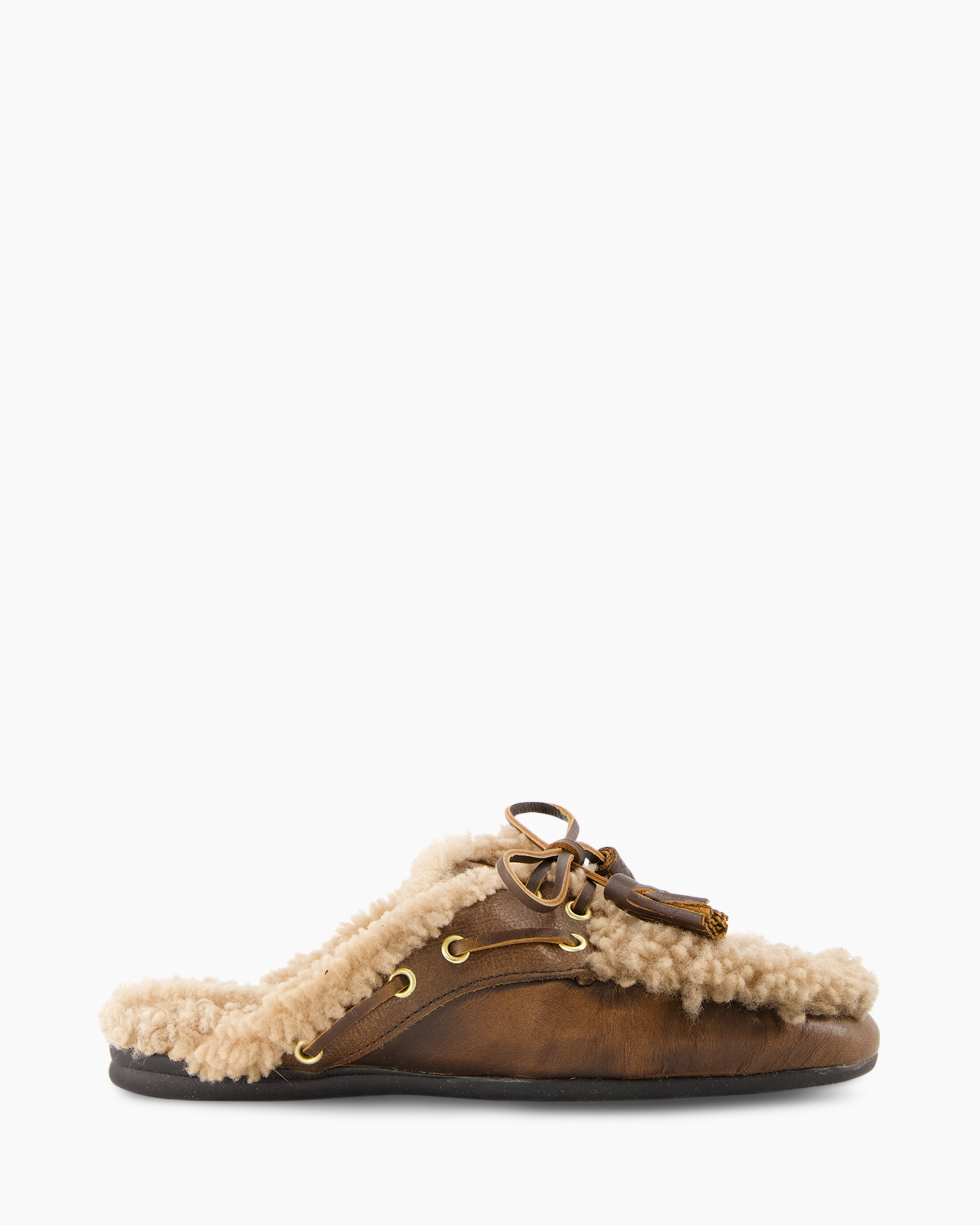 slipper, moccasin, shearling, leather, brown