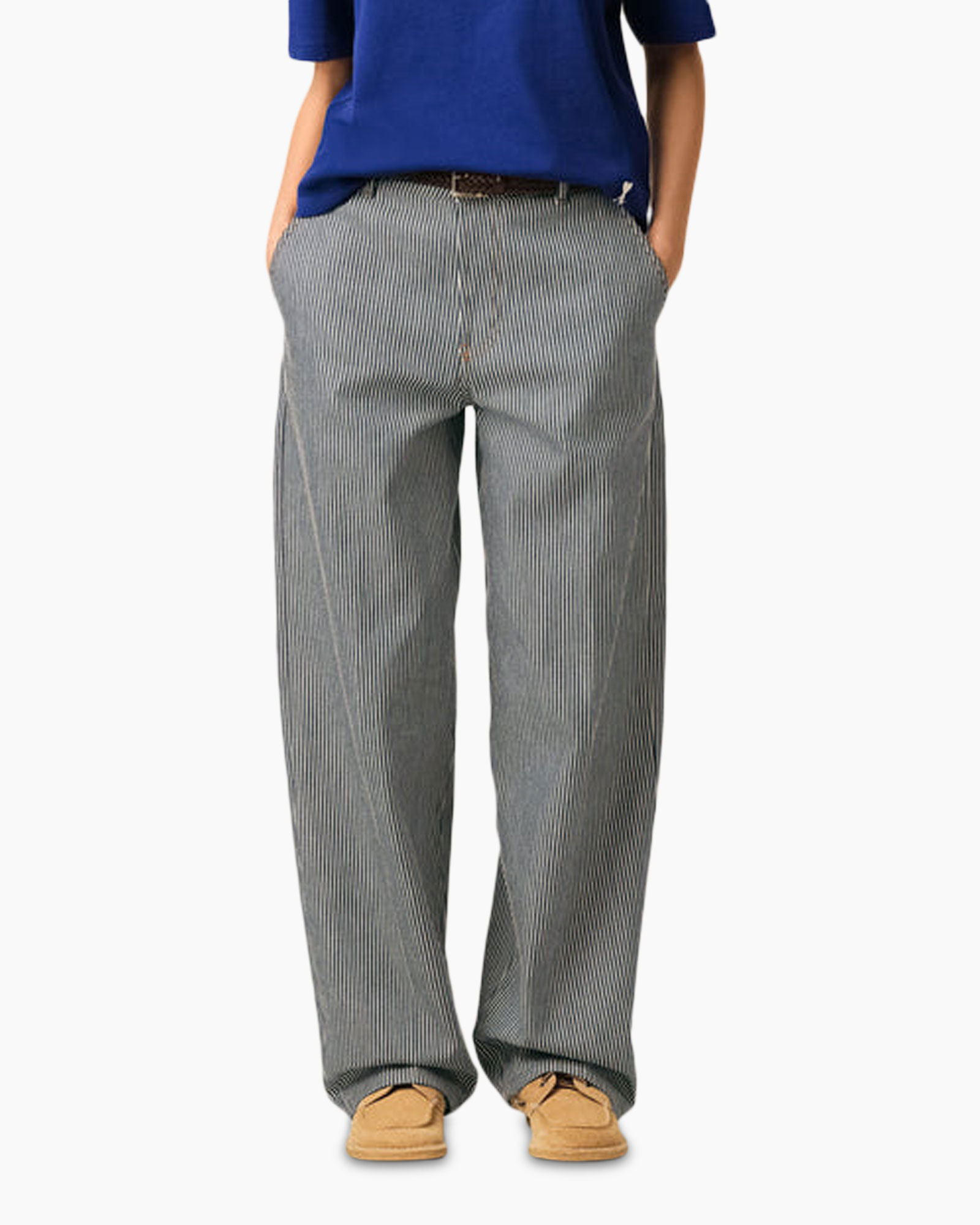 striped pants, wide-leg, gray, casual, pockets