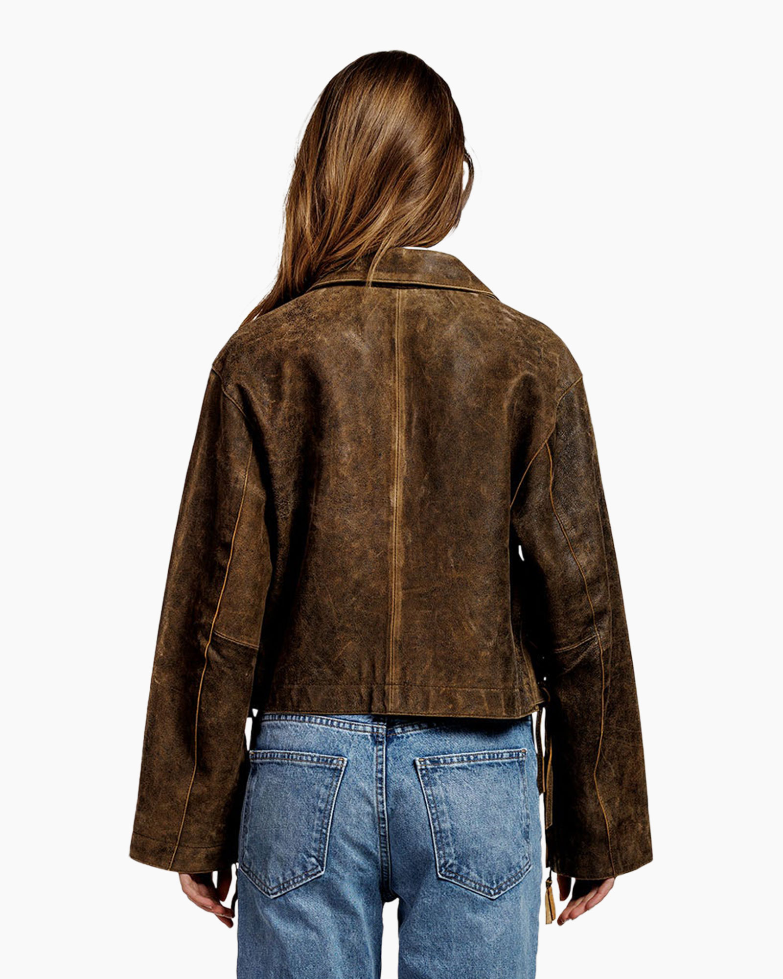 leather jacket, biker jacket, brown, zipper pockets, crop length