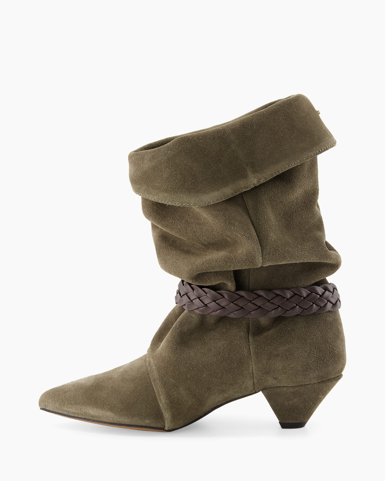 ankle boot, suede, folded cuff, braided belt, low heel