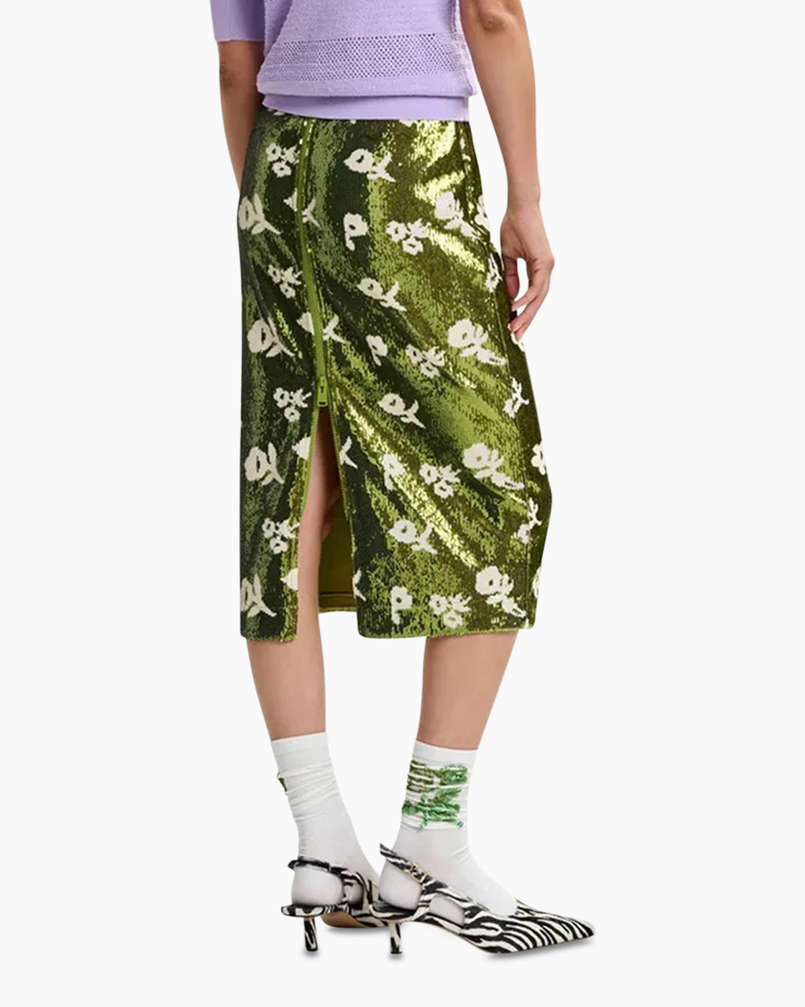 skirt, -midi skirt, green floral, slit, patterned fabric