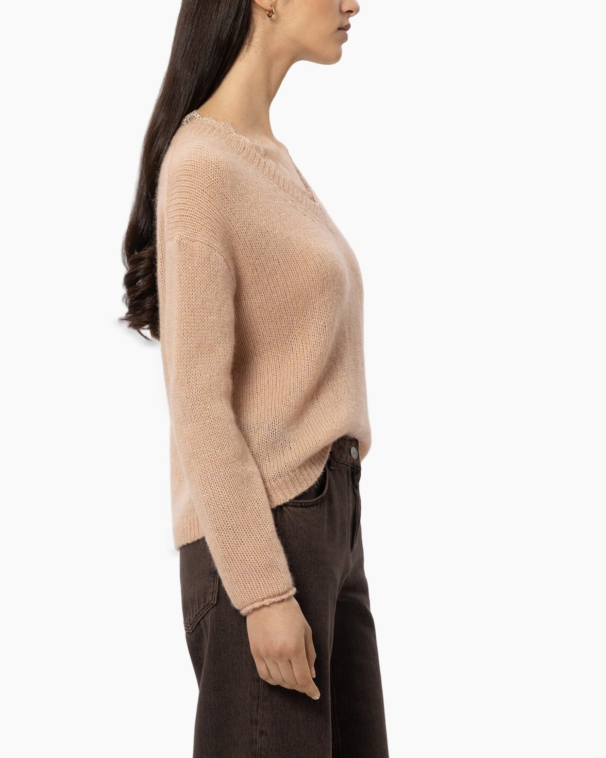 sweater, V-neck, knit, beige, belted