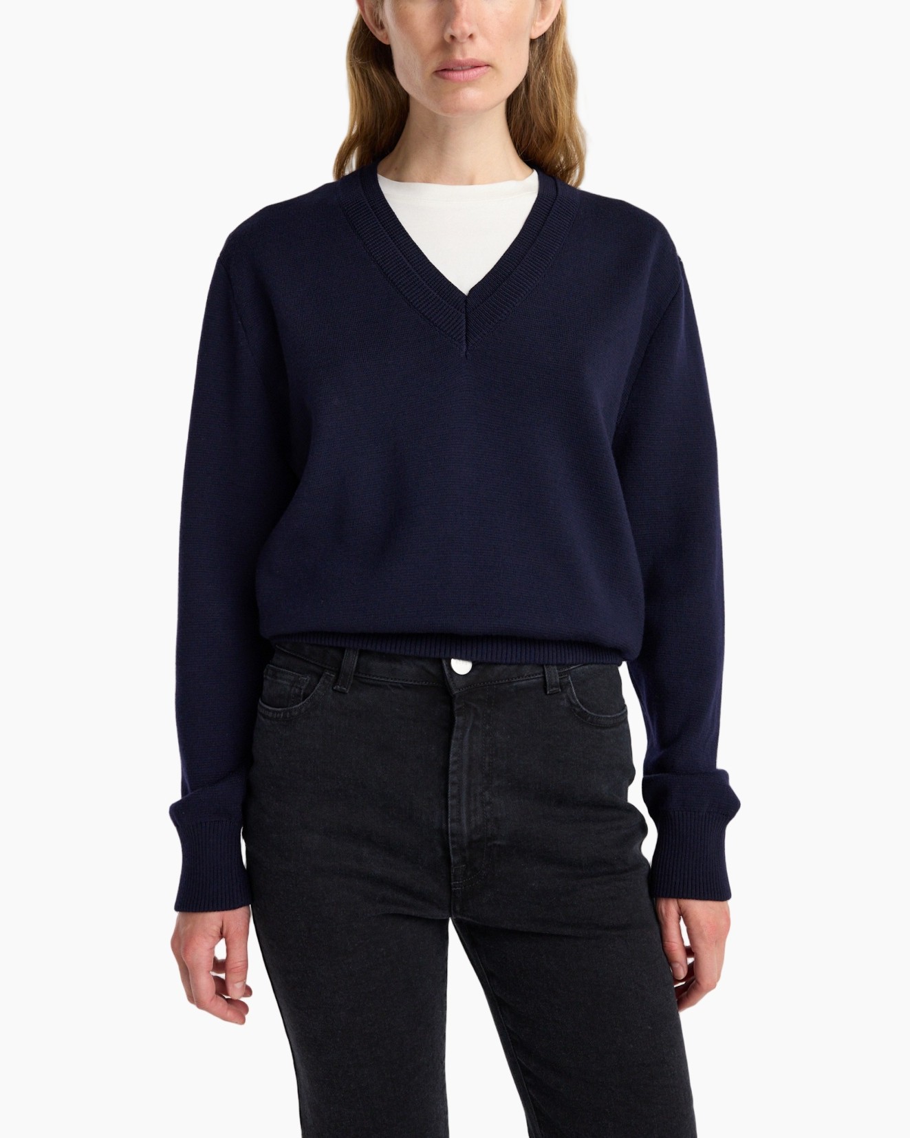 navy sweater, v-neck, knit, long-sleeve, pullover