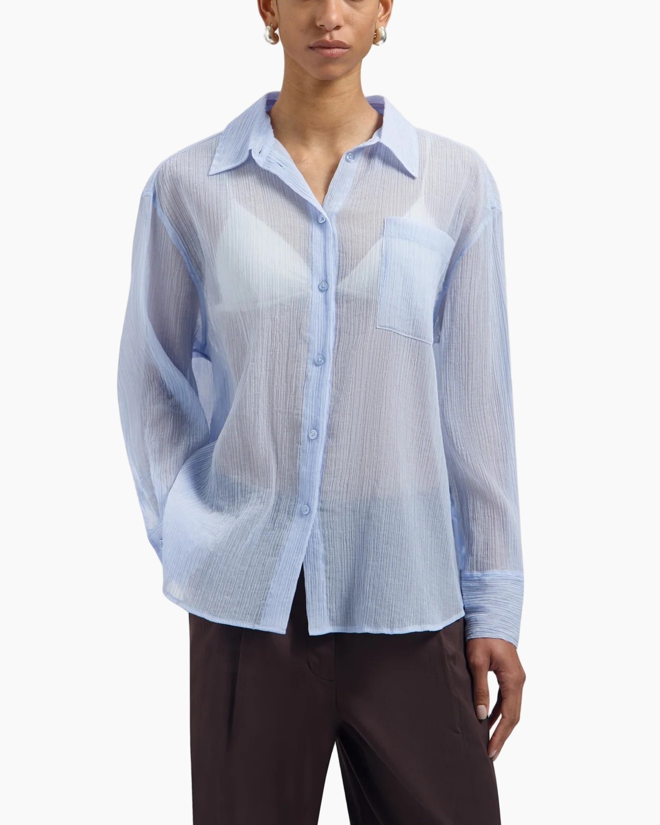 button-down, sheer, lounging shirt, light blue, chest pocket